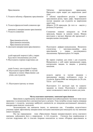 Прислівників» Табличку проілюструвати прикладами.
Продумати серію вправ для закріплення даної
теми.
5. Укласти табличку «Правопис прислівників» У таблиці передбачити розділи і правопис
прислівників разом, через дефіс. Запропонувати
тестові завдання для студентів на закріплення
даної теми.
6. Укласти фразеологічний словничок про Дібрати 25-30 прикладів. До того ж – ввести у
речення (5-6 речень)
навчання (з використанням прислівників)
7. Укласти словнички: Словнички повинні вміщувати по 35-40
прикладів, бажано за певною темою. Можна
виготувати у вигляді збірочки або презентації з
використанням ілюстрацій.
Прислівників-епітетів;
Прислівників-синонімів;
Прислівників-антонімів.
8. Дослідити використання прислівників в Підготувати реферат-повідомлення. Визначити
стилістичну і змістовно-емоційну роль
прислівників у творах досліджуваного
письменника. Проаналізувати 5-6 творів.
усній народній творчості (або у творах
будь-якого письменника) для дітей.
9. Підготувати сторінки підручника для Це окремі сторінки для учнів і для студентів.
Вміщатимуть у собі серію тренувальних вправ,
контрольних завдань та завдань з розвитку
мовлення.
учнів З класу; для студентів З курсу.
10. Підготувати картки БМК та тестові
Завдання за темою «Прислівник» для
учнів; для студентів. укласти картки та тестові завдання з
урахуванням вікових особливосте учнів та
студентів. Картка БМК має вміщувати до 20 слів.
Тести – до15 завдань.
11. Підготувати ігротеку за темою
Підготувати 2-3 настільні ігри чи плакати-
завдання за темою. Підготувати і здійснити
захист позакласного заняття за темою для учнів.
Метод взаємного навчання у вивченні прислівника
Прислівник в українському мовознавстві вважається найскладнішою частиною мови щодо
правопису та визначення його синтаксичної ролі у реченні. Тому потрібна плідна творча співпраця
викладача і студентів, залучення майбутніх спеціалістів до пошуково-дослідницької діяльності,
використання новітніх технологій.
Загальновідомо, що навчаючи інших, ти навчаєшся сам. Специфіка педагогічного
училища сприяє ефективному використанню методики виконання ролі викладача під час вивчення
нового матеріалу.
Під час опрацювання теми «Прислівник» бажано використовувати метод взаємного
навчання, здійснювати його у мікрогрупах із 4-6 студентів. Спочатку йде ознайомлення зі
статтею підручника або зі стислим опорним конспектом за темою «Розряди прислівників за
 