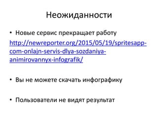 Неожиданности
• Новые сервис прекращает работу
http://newreporter.org/2015/05/19/spritesapp-
com-onlajn-servis-dlya-sozdaniya-
animirovannyx-infografik/
• Вы не можете скачать инфографику
• Пользователи не видят результат
 