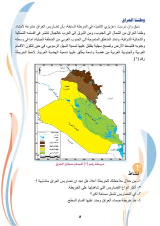 ٥
‫ﺍﻟﻌﺮﺍﻕ‬ ‫ﻭﻃﻨﻨﺎ‬
‫ﻷﻣﺗداد‬ ‫ﻣﺗﻧوﻋﺔ‬ ‫اﻟﻌراق‬ ‫ﺗﺿﺎرﯾس‬ ‫ﺑﺄن‬ ،‫اﻟﺳﺎﺑﻘﺔ‬ ‫اﻟﻣرﺣﻠﺔ‬ ‫ﻓﻲ‬ -‫اﻟﺗﻠﻣﯾذ‬ ‫-ﻋزﯾزي‬ ‫درﺳت‬ ‫وان‬ ‫ق‬َ‫ﺑ‬َ‫ﺳ‬
‫اﻟﺷﻣﺎﻟﯾﺔ‬ ‫اﻗﺳﺎﻣﮫ‬ ‫ﻓﻲ‬ ‫ﺗﻧﺗﺷر‬ ‫،ﻓﺎﻟﺟﺑﺎل‬ ‫اﻟﻐرب‬ ‫اﻟﻰ‬ ‫اﻟﺷرق‬ ‫وﻣن‬ ،‫اﻟﺟﻧوب‬ ‫اﻟﻰ‬ ‫اﻟﺷﻣﺎل‬ ‫ﻣن‬ ‫اﻟﻌراق‬ ‫وطﻧﻧﺎ‬
‫وﺳطﮫ‬ ‫ﻓﻲ‬ ‫اﻣﺎ‬ ،‫اﻟﺟﺑﻠﯾﺔ‬ ‫اﻟﻣﻧطﻘﺔ‬ ‫ﻣن‬ ‫اﻟﻐرﺑﻲ‬ ‫اﻟﺟﻧوب‬ ‫اﻟﻰ‬ ‫اﻟﻣﺗﻣوﺟﺔ‬ ‫اﻟﻣﻧﺎطق‬ ‫وﺗﻣﺗد‬ ،‫اﻟﺷرﻗﯾﺔ‬ ‫واﻟﺷﻣﺎﻟﯾﺔ‬
‫اﻻﻗﺳﺎم‬ ‫ﺗﺗﻛون‬ ‫ﺣﯾن‬ ‫ﻓﻲ‬ ،‫اﻟرﺳوﺑﻲ‬ ‫اﻟﺳﮭل‬ ‫ﺗﺳﻣﯾﺔ‬ ‫ﻋﻠﯾﮭﺎ‬ ‫ﯾطﻠق‬ ‫ﺳﮭﻠﯾﺔ‬ ‫وﺗﺻﺑﺢ‬ ‫اﻷرض‬ ‫ﻓﺗﻧﺑﺳط‬ ‫وﺟﻧوﺑﮫ‬
‫اﻟﺧرﯾطﺔ‬ ‫ﻻﺣظ‬ .‫اﻟﻐرﺑﯾﺔ‬ ‫اﻟﮭﺿﺑﺔ‬ ‫ﺗﺳﻣﯾﺔ‬ ‫ﻋﻠﯾﮭﺎ‬ ‫ﯾطﻠق‬ ‫واﺳﻌﺔ‬ ‫ھﺿﺑﺔ‬ ‫ﻣن‬ ‫اﻟﻐرﺑﯾﺔ‬ ‫واﻟﺟﻧوﺑﯾﺔ‬ ‫اﻟﻐرﺑﯾﺔ‬
.(١) ‫رﻗم‬
‫اﻟﻌﺮاق‬ ‫ﺳﻄﺢ‬ ‫اﻗﺴﺎم‬ (١) ‫رﻗﻢ‬ ‫ﺧﺮﻳﻄﺔ‬
‫؟‬ ‫ﻣﺗﺷﺎﺑﮭﺔ‬ ‫اﻟﻌراق‬ ‫ﺗﺿﺎرﯾس‬ ‫ان‬ ‫ﺗﺟد‬ ‫ھل‬ ‫أﻋﻼه‬ ‫ﻟﻠﺧرﯾطﺔ‬ ‫ﻣﻼﺣظﺗك‬ ‫ﺧﻼل‬ ‫ﻣن‬ -١
.‫اﻟﺧرﯾطﺔ‬ ‫ﻋﻠﻰ‬ ‫ﺷﺎھدﺗﮭﺎ‬ ‫اﻟﺗﻲ‬ ‫اﻟﺗﺿﺎرﯾس‬ ‫اﻧواع‬ ‫أذﻛر‬ -٢
‫اﻛﺑر؟‬ ‫ﻣﺳﺎﺣﺔ‬ ‫ﺗﺷﻐل‬ ‫اﻟﺗﺿﺎرﯾس‬ ‫أي‬ -٣
.‫اﻟﺳطﺢ‬ ‫اﻗﺳﺎم‬ ‫ﻋﻠﯾﮭﺎ‬ ‫وﺣدد‬ ‫اﻟﻌراق‬ ‫ﺻﻣﺎء‬ ‫ﺧرﯾطﺔ‬ ‫ﺧذ‬ -٤
 