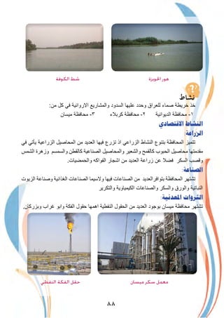 ٨٨
‫اﻟﻜﻮﻓﺔ‬ ‫ﺷﻂ‬ ‫اﳊﻮﻳﺰة‬ ‫ﻫﻮر‬
:‫ﻣن‬ ‫ﻛل‬ ‫ﻓﻲ‬ ‫اﻻرواﺋﯾﺔ‬ ‫واﻟﻣﺷﺎرﯾﻊ‬ ‫اﻟﺳدود‬ ‫ﻋﻠﯾﮭﺎ‬ ‫وﺣدد‬ ‫ﻟﻠﻌراق‬ ‫ﺻﻣﺎء‬ ‫ﺧرﯾطﺔ‬ ‫ﺧذ‬
‫ﻣﯾﺳﺎن‬ ‫ﻣﺣﺎﻓظﺔ‬ -٣ ‫ﻛرﺑﻼء‬ ‫ﻣﺣﺎﻓظﺔ‬ -٢ ‫اﻟدﯾواﻧﯾﺔ‬ ‫ﻣﺣﺎﻓظﺔ‬ -١
‫ﺍﻻﻗﺘﺼﺎﺩﻱ‬ ‫ﺍﻟﻨﺸﺎﻁ‬
:‫ﺍﻟﺰﺭﺍﻋﺔ‬
‫ﻓﻲ‬ ‫ﯾﺄﺗﻲ‬ ‫اﻟزراﻋﯾﺔ‬ ‫اﻟﻣﺣﺎﺻﯾل‬ ‫ﻣن‬ ‫اﻟﻌدﯾد‬ ‫ﻓﯾﮭﺎ‬ ‫ﺗزرع‬ ‫اذ‬ ‫اﻟزراﻋﻲ‬ ‫اﻟﻧﺷﺎط‬ ‫ﺑﺗﻧوع‬ ‫اﻟﻣﺣﺎﻓظﺔ‬ ‫ﺗﺗﻣﯾز‬
‫اﻟﺷﻣس‬ ‫وزھرة‬ ‫واﻟﺳﻣﺳم‬ ‫ﻛﺎﻟﻘطن‬ ‫اﻟﺻﻧﺎﻋﯾﺔ‬ ‫واﻟﻣﺣﺎﺻﯾل‬ ‫واﻟﺷﻌﯾر‬ ‫ﻛﺎﻟﻘﻣﺢ‬ ‫اﻟﺣﺑوب‬ ‫ﻣﺣﺎﺻﯾل‬ ‫ﻣﻘدﻣﺗﮭﺎ‬
.‫واﻟﺣﻣﺿﯾﺎت‬ ‫اﻟﻔواﻛﮫ‬ ‫اﺷﺟﺎر‬ ‫ﻣن‬ ‫اﻟﻌدﯾد‬ ‫زراﻋﺔ‬ ‫ﻋن‬ ‫ﻓﺿﻼ‬ ‫اﻟﺳﻛر‬ ‫وﻗﺻب‬
:‫ﺍﻟﺼﻨﺎﻋﺔ‬
‫اﻟزﯾوت‬ ‫وﺻﻧﺎﻋﺔ‬ ‫اﻟﻐذاﺋﯾﺔ‬ ‫اﻟﺻﻧﺎﻋﺎت‬ ‫وﻻﺳﯾﻣﺎ‬ ‫ﻓﯾﮭﺎ‬ ‫اﻟﺻﻧﺎﻋﺎت‬ ‫ﻣن‬ ‫ﺑﺗواﻓراﻟﻌدﯾد‬ ‫اﻟﻣﺣﺎﻓظﺔ‬ ‫ﺗﺷﺗﮭر‬
‫واﻟﺗﻛرﯾر‬ ‫اﻟﻛﯾﻣﯾﺎوﯾﺔ‬ ‫واﻟﺻﻧﺎﻋﺎت‬ ‫واﻟﺳﻛر‬ ‫واﻟورق‬ ‫اﻟﻧﺑﺎﺗﯾﺔ‬
:‫ﺍﳌﻌﺪﻧﻴﺔ‬ ‫ﺍﻟﺜﺮﻭﺍﺕ‬
.‫وﺑزرﻛﺎن‬ ‫ﻏراب‬ ‫واﺑو‬ ‫اﻟﻔﻛﺔ‬ ‫ﺣﻘول‬ ‫اھﻣﮭﺎ‬ ‫اﻟﻧﻔطﯾﺔ‬ ‫اﻟﺣﻘول‬ ‫ﻣن‬ ‫اﻟﻌدﯾد‬ ‫ﺑوﺟود‬ ‫ﻣﯾﺳﺎن‬ ‫ﻣﺣﺎﻓظﺔ‬ ‫ﺗﺷﺗﮭر‬
‫اﻟﻨﻔﻄﻲ‬ ‫اﻟﻔﻜﺔ‬ ‫ﺣﻘﻞ‬ ‫ﻣﻴﺴﺎن‬ ‫ﺳﻜﺮ‬ ‫ﻣﻌﻤﻞ‬
 