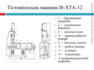 РозробилавикладачМатушевськаЛюбовДанилівна
Тістомісильна машина І8-ХТА-12
 1 — борошняний
патрубок;
 2 — дозувальник
борошна;
 3 — місильні вали;
 4 — кришка робочої
камери;
 5 — місильна лопать;
 6 — робоча камера;
 7 — станина;
 8 — підшипник;
 9 -розвантажувальний
патрубок
 