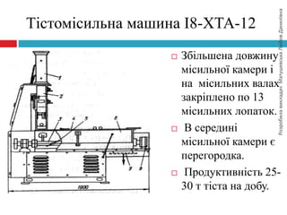 РозробилавикладачМатушевськаЛюбовДанилівна
Тістомісильна машина І8-ХТА-12
 Збільшена довжину
місильної камери і
на місильних валах
закріплено по 13
місильних лопаток.
 В середині
місильної камери є
перегородка.
 Продуктивність 25-
30 т тіста на добу.
 