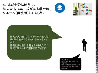 知人友人であれば、リサイクショップよ
りも条件を求められないケースもあり
ます。
需要と供給側に合意さえあれば、これ
は賢いリユースの選択肢となります。
オレオレ!!
いや、まだ使えるんだって
マジで!!
絶対これ使った方がいいよ!!
安くしとくからさ!! な!!
振込先は…
Nice!!
 