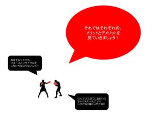 それではそれぞれの、
メリットとデメリットを
見ていきましょう！
なんでゴミ捨てに金払わな
きゃなんねーんだよ!!
いやだね!!俺はいやだね!!
お金を払ってでも、
リユースとリサイクルを
しなければならないんだ!!
 