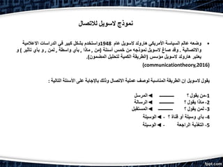 ‫نموذج‬‫السويل‬‫لالتصال‬
•‫وضعه‬‫عالم‬‫السياسة‬‫األمريكي‬‫هارولد‬‫السويل‬‫عام‬1948‫االعالمية‬ ‫الدراسات‬ ‫في‬ ‫كبير‬ ‫بشكل‬ ‫واستخدم‬
‫واالتصالية‬.‫صاغ‬ ‫وقد‬‫السويل‬‫أسئلة‬ ‫خمس‬ ‫من‬ ‫نموذجه‬(‫من‬,‫ماذا‬,‫واسطة‬ ‫بأي‬,‫لمن‬,‫تأثير‬ ‫بأي‬ ‫و‬)‫و‬
‫مؤسس‬ ‫السويل‬ ‫هارولد‬ ‫يعتبر‬(‫المضمون‬ ‫لتحليل‬ ‫الكمية‬ ‫الطريقة‬).
(communicationtheory,2016)
‫يقول‬‫السويل‬‫إن‬‫الطريقة‬‫المناسبة‬‫لوصف‬‫عملية‬‫و‬ ‫االتصال‬‫ذلك‬‫باإلجابة‬‫على‬‫األسئلة‬‫التالية‬:
1-‫من‬‫يقول‬‫؟‬‫ـــــــــــــ‬◄‫المرسل‬
2-‫ماذا‬‫يقول‬‫؟‬‫ـــــــــــــ‬◄‫الرسالة‬
3-‫لمن‬‫يقول‬‫؟‬‫ـــــــــــــ‬◄‫المستقبل‬
4-‫؟‬ ‫قناة‬ ‫أو‬ ‫وسيلة‬ ‫بأي‬-◄‫الوسيلة‬
5-‫الراجعة‬ ‫التغذية‬-◄‫الوسيلة‬
 