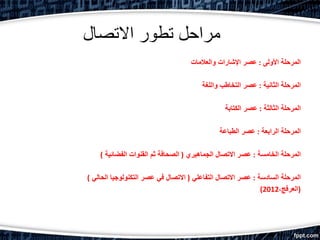 ‫االتصال‬ ‫تطور‬ ‫مراحل‬
‫األولى‬ ‫المرحلة‬:‫والعالمات‬ ‫اإلشارات‬ ‫عصر‬
‫الثانية‬ ‫المرحلة‬:‫واللغة‬ ‫التخاطب‬ ‫عصر‬
‫الثالثة‬ ‫المرحلة‬:‫الكتابة‬ ‫عصر‬
‫الرابعة‬ ‫المرحلة‬:‫الطباعة‬ ‫عصر‬
‫الخامسة‬ ‫المرحلة‬:‫الجماهيري‬ ‫االتصال‬ ‫عصر‬(‫الفضائية‬ ‫القنوات‬ ‫ثم‬ ‫الصحافة‬)
‫السادسة‬ ‫المرحلة‬:‫التفاعلي‬ ‫االتصال‬ ‫عصر‬(‫الحالي‬ ‫التكنولوجيا‬ ‫عصر‬ ‫في‬ ‫االتصال‬)
(،‫العرفج‬2012)
 