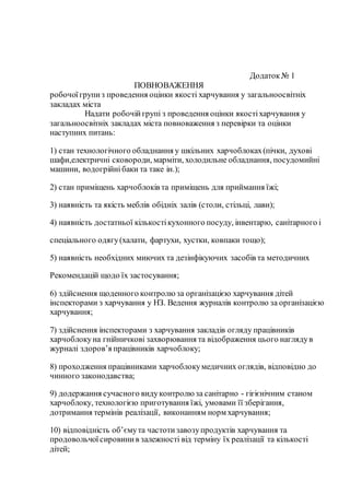 Додаток№ 1
ПОВНОВАЖЕННЯ
робочоїгрупиз проведення оцінки якості харчування у загальноосвітніх
закладах міста
Надати робочійгрупі з проведення оцінки якостіхарчування у
загальноосвітніх закладах міста повноваження з перевірки та оцінки
наступних питань:
1) стан технологічного обладнання у шкільних харчоблоках(пічки, духові
шафи,електричні сковороди, марміти, холодильне обладнання, посудомийні
машини, водогрійні баки та таке ін.);
2) стан приміщень харчоблоків та приміщень для приймання їжі;
3) наявність та якість меблів обідніх залів (столи, стільці, лави);
4) наявність достатньої кількостікухонного посуду, інвентарю, санітарного і
спеціального одягу(халати, фартухи, хустки, ковпаки тощо);
5) наявність необхідних миючих та дезінфікуючих засобів та методичних
Рекомендацій щодо їх застосування;
6) здійснення щоденного контролю за організацією харчування дітей
інспекторами з харчування у НЗ. Ведення журналів контролю за організацією
харчування;
7) здійснення інспекторами з харчування закладів огляду працівників
харчоблокуна гнійничкові захворювання та відображення цього наглядув
журналі здоров’я працівників харчоблоку;
8) проходження працівниками харчоблокумедичних оглядів, відповідно до
чинного законодавства;
9) додержання сучасного видуконтролю за санітарно - гігієнічним станом
харчоблоку, технологією приготування їжі, умовами її зберігання,
дотримання термінів реалізації, виконанням норм харчування;
10) відповідність об’ємута частотизавозупродуктів харчування та
продовольчої сировинив залежності від терміну їх реалізації та кількості
дітей;
 