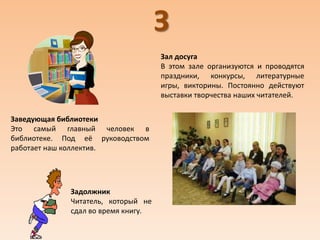 З
Заведующая библиотеки
Это самый главный человек в
библиотеке. Под её руководством
работает наш коллектив.
Задолжник
Читатель, который не
сдал во время книгу.
Зал досуга
В этом зале организуются и проводятся
праздники, конкурсы, литературные
игры, викторины. Постоянно действуют
выставки творчества наших читателей.
 