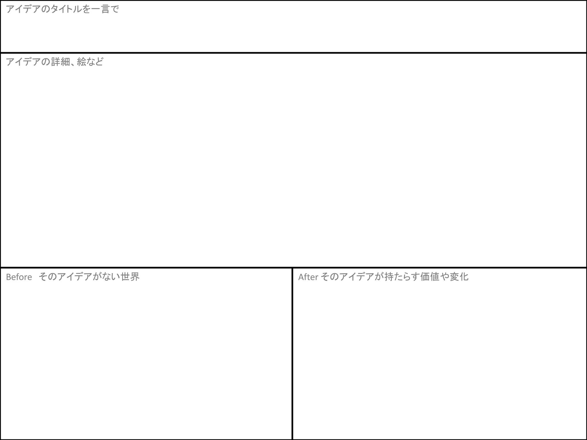 アイデアの詳細、絵など
Before そのアイデアがない世界 After そのアイデアが持たらす価値や変化
アイデアのタイトルを一言で
 