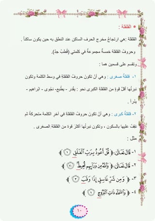 ١٠
: ‫اﻟﻘﻠﻘﻠﺔ‬ ‫٭‬
. ً‫ﺎ‬‫ﺳﺎﻛﻧ‬ ‫ﯾﻛون‬ ‫ﺣﯾن‬ ‫ﺑﮫ‬ ‫اﻟﻧطق‬ ‫ﻋﻧد‬ ‫اﻟﺳﺎﻛن‬ ‫اﻟﺣرف‬ ‫ﻣﺧرج‬ ُ‫ج‬‫ارﺗﺟﺎ‬ ‫:ھﻲ‬ ‫اﻟﻘﻠﻘﻠﺔ‬
.(ّ‫د‬‫ﺟ‬ ُ‫طب‬ُ‫ﻗ‬) ‫ﻛﻠﻣﺗﻲ‬ ‫ﻓﻲ‬ ٌ‫ﻣﺟﻣوﻋﺔ‬ ٌ‫ﺧﻣﺳﺔ‬ ‫اﻟﻘﻠﻘﻠﺔ‬ ُ‫وﺣروف‬
: ‫ھﻣﺎ‬ ‫ﻗﺳﻣﯾن‬ ‫ﻋﻠﻰ‬ ‫وﺗﻘﺳم‬
‫وﺗﻛون‬ ‫اﻟﻛﻠﻣﺔ‬ ‫وﺳط‬ ‫ﻓﻲ‬ ِ‫ﺔ‬‫اﻟﻘﻠﻘﻠ‬ ُ‫ﺣروف‬ َ‫ﺗﻛون‬ ْ‫أن‬ ‫وھﻲ‬ : ‫ﺻﻐرى‬ ٌ‫ﻗﻠﻘﻠﺔ‬ -۱
- ‫ْراھﯾم‬‫ﺑ‬‫ا‬ - ‫وى‬ْ‫ﻧﺟ‬ -‫ﺑﻊ‬ْ‫ﯾط‬ - ‫در‬ْ‫ﻘ‬‫ﯾ‬ : ‫ﻧﺣو‬ ‫اﻟﻛﺑرى‬ ِ‫ﺔ‬‫اﻟﻘﻠﻘﻠ‬ ‫ﻣن‬ ٍ‫ة‬‫ﻗو‬ ‫ﱠ‬‫ل‬‫أﻗ‬ ‫ﮭﺎ‬ُ‫ﺗ‬‫ﻧﺑر‬
. ‫رأ‬ْ‫ﯾد‬
‫ﺛم‬ ً‫ﻣﺗﺣرﻛﺔ‬ ‫اﻟﻛﻠﻣﺔ‬ ِ‫آﺧر‬ ‫ﻓﻲ‬ ِ‫ﺔ‬‫اﻟﻘﻠﻘﻠ‬ ُ‫ﺣروف‬ َ‫ﺗﻛون‬ ْ‫أن‬ ‫وھﻲ‬ : ‫ﻛﺑرى‬ ٌ‫ﻗﻠﻘﻠﺔ‬ -۲
. ‫ِاﻟﺻﻐرى‬ ‫اﻟﻘﻠﻘﻠﺔ‬ ‫ﻣن‬ ‫ﻗوة‬ َ‫أﻛﺛر‬ ‫ﮭﺎ‬ُ‫ﺗ‬‫ﻧﺑر‬ ‫وﺗﻛون‬ ، ‫ﺑﺎﻟﺳﻛون‬ ‫ﻋﻠﯾﮭﺎ‬ ُ‫ِف‬‫ﻘ‬‫ﻧ‬
: ‫ﻣﺛل‬
‫8ﱪ‬7654‫ﱫ‬87 -۱
‫ﱪ‬¿ ¾½¼»‫ﱫ‬87 -۲
‫ﱪ‬ CBA@?>‫ﱫ‬ -۳
‫ﱪ‬$ #"!‫ﱫ‬ -٤
‫ـــــ‬
‫ـــــ‬
‫ـــــ‬
‫ـــــ‬
 