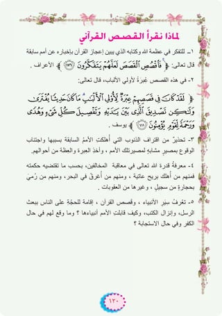 ١٢٠
ÊBGô≤dG ¢ü°ü≤dG CGô≤f GPÉŸ
‫ﺳﺎﺑﻘﺔ‬ ‫أﻣم‬ ‫ﻋن‬ ‫ﺑﺈﺧﺑﺎره‬ ‫اﻟﻘرآن‬ ‫إﻋﺟﺎز‬ ‫ﯾﺑﯾن‬ ‫اﻟذي‬ ‫وﻛﺗﺎﺑﮫ‬ ‫ﷲ‬ ‫ﻋظﻣﺔ‬ ‫ﻓﻲ‬ ‫ﻟﻠﺗﻔﻛر‬ ‫۱ــ‬
. ‫اﻷﻋراف‬ ‫ﱪ‬½¼»º¹¸‫ﱫ‬ :‫ﺗﻌﺎﻟﻰ‬ ‫ﻗﺎل‬
:‫ﺗﻌﺎﻟﻰ‬ ‫ﻗﺎل‬ ،‫اﻷﻟﺑﺎب‬ ‫ﻷوﻟﻲ‬ ً‫ة‬َ‫ﺑر‬ِْ‫ﻋ‬ ‫اﻟﻘﺻص‬ ‫ھذه‬ ‫ﻓﻲ‬ -۲
ÈÇÆÅÄÃÂÁÀ¿¾½‫ﱫ‬
Ñ Ð Ï Î Í Ì Ë Ê É
. ‫ﯾوﺳف‬ ‫ﱪ‬ÕÔ ÓÒ
‫واﺟﺗﻧﺎب‬ ‫ﺑﺳﺑﺑﮭﺎ‬ ‫اﻟﺳﺎﺑﻘﺔ‬ ُ‫م‬‫اﻷﻣ‬ ِ‫ت‬‫ھﻠﻛ‬ُ‫أ‬ ‫اﻟﺗﻲ‬ ‫اﻟذﻧوب‬ ‫اﻗﺗراف‬ ‫ﻣن‬ ٌ‫ر‬‫ﺗﺣذﯾ‬ -۳
.‫أﺣواﻟﮭم‬ ‫ﻣن‬ ‫ِظﺔ‬‫ﻌ‬‫واﻟ‬ ‫ِﺑرة‬‫ﻌ‬‫اﻟ‬ ِ‫ذ‬‫وأﺧ‬ ، ‫اﻷﻣم‬ ‫ﻟﻣﺻﯾرﺗﻠك‬ ٍ‫ﮫ‬‫ﻣﺷﺎﺑ‬ ٍ‫ﺑﻣﺻﯾر‬ ‫اﻟوﻗوع‬
‫ﺣﻛﻣﺗﮫ‬ ‫ﺗﻘﺗﺿﯾﮫ‬ ‫ﻣﺎ‬ ‫ﺑﺣﺳب‬ ،‫اﻟﻣﺧﺎﻟﻔﯾن‬ ‫ﻣﻌﺎﻗﺑﺔ‬ ‫ﻓﻲ‬ ‫ﺗﻌﺎﻟﻰ‬ ‫ﷲ‬ ‫ﻗدرة‬ ُ‫ﺔ‬‫ﻣﻌرﻓ‬ -٤
َ‫ُﻣﻲ‬‫ر‬ ‫ﻣن‬ ‫وﻣﻧﮭم‬ ،‫اﻟﺑﺣر‬ ‫ﻓﻲ‬ ّ‫ﻏرق‬ُ‫أ‬ ‫ﻣن‬ ‫وﻣﻧﮭم‬ ، ‫ﻋﺎﺗﯾﺔ‬ ‫ﺑرﯾﺢ‬ ‫ھﻠك‬ُ‫أ‬ ‫ﻣن‬ ‫ﻓﻣﻧﮭم‬
. ‫اﻟﻌﻘوﺑﺎت‬ ‫ﻣن‬ ‫وﻏﯾرھﺎ‬ ، ٍ‫ﺳﺟﯾل‬ ‫ﻣن‬ ٍ‫ة‬‫ﺑﺣﺟﺎر‬
‫ﺑﺑﻌث‬ ‫اﻟﻧﺎس‬ ‫ﻋﻠﻰ‬ ِ‫ﺔ‬ّ‫ﻟﻠﺣﺟ‬ ‫إﻗﺎﻣﺔ‬ ، ‫اﻟﻘرآن‬ ‫ﺻص‬َ‫ﻗ‬‫و‬ ، ‫اﻷﻧﺑﯾﺎء‬ ِ‫ر‬َ‫ﯾ‬ِ‫ﺳ‬ ُ‫ّرف‬‫ﻌ‬‫ﺗ‬ -٥
‫ﺣﺎل‬ ‫ﻓﻲ‬ ‫ﻟﮭم‬ ‫وﻗﻊ‬ ‫وﻣﺎ‬ ‫؟‬ ‫أﻧﺑﯾﺎءھﺎ‬ ‫اﻷﻣم‬ ِ‫ت‬‫ﻗﺎﺑﻠ‬ ‫وﻛﯾف‬ ،‫اﻟﻛﺗب‬ ‫وإﻧزال‬ ،‫اﻟرﺳل‬
‫؟‬ ‫اﻻﺳﺗﺟﺎﺑﺔ‬ ‫ﺣﺎل‬ ‫وﻓﻲ‬ ‫اﻟﻛﻔر‬
 