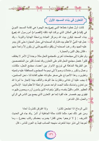 ١٣٦
ّ‫اﻟﻧﺑوي‬ ‫اﻟﻣﺳﺟد‬ ‫إﻗﺎﻣﺔ‬ ‫ھﻲ‬ ‫اﻟﮭﺟرة‬ ‫ﺑﻌد‬ (‫)ص‬ ‫اﻟﻧﺑﻲ‬ ‫ﺧطﺎھﺎ‬ ‫ﺧطوة‬ ُ‫ل‬‫أو‬ ‫ﻛﺎﻧت‬
(‫)ص‬ ‫ﷲ‬ ‫أﻣررﺳول‬ (‫)اﻟﻘﺻواء‬ ‫ﻧﺎﻗﺗﮫ‬ ‫ْﻓﯾﮫ‬ ‫ﺑرﻛت‬ ‫اﻟذي‬ ‫اﻟﻣﻛﺎن‬ ‫ﻓﻔﻲ‬ (‫)ﻗﺑﺎء‬ ‫ﻓﻲ‬
‫وﻗد‬ ، ‫واﻟﺗوﺑﺔ‬ ‫اﻟﮭداﯾﺔ‬ ‫وواﺳطﺔ‬ ‫اﻟﻌﺑﺎدة‬ ‫وﻣرﻛز‬ ‫ﷲ‬ ‫ﺑﯾت‬ ‫ﻟﯾﻛون‬ ‫اﻟﻣﺳﺟد‬ ‫ﺑﺑﻧﺎء‬
‫ﯾﺑدو‬ ‫ﻛﺎن‬ ‫ﺣﺗﻰ‬ ‫اﻟﺣﺟﺎرة‬ ‫ﺣﻣل‬ ‫ﻓﻲ‬ ‫أﺻﺣﺎﺑﮫ‬ ‫ﻓﺷﺎرك‬ ‫ﺑﯾده‬ ‫اﻷﻋظم‬ ‫اﻟﻧﺑﻲﱡ‬ ‫ﻓﯾﮫ‬ ‫ﻣل‬ِ‫ﻋ‬
‫ﻣﻧﮭم‬ ً‫ا‬‫واﺣد‬ ّ‫ﻻ‬‫إ‬ ‫ﯾﻛون‬ ‫ان‬ ‫ﻓﺄﺑﻰ‬ ‫ﺑﺄﻧﻔﺳﮭم‬ ‫وه‬ّ‫ﻔ‬‫ﯾﻛ‬ ‫أن‬ ‫أﺻﺣﺎﺑﮫ‬ َ‫رﻏب‬ ‫وﻗد‬ ‫اﻟﺟﮭد‬ ‫ﻋﻠﯾﮫ‬
. ‫واﻟﺣﺟﺎرة‬ ‫اﻟﻠﺑن‬ ‫ﯾﻧﻘل‬ ‫ﻓﻛﺎن‬ ،
‫ﯾﺧﺗﻠف‬ ‫ﻻ‬ ‫اﻷﻣر‬ ّ‫أن‬ ‫وﺟدﻧﺎ‬ ،‫ﻣﺛﻼ‬ ‫اﻟﻧﺣل‬ ‫،ﻛﻣﺟﺗﻣﻊ‬ ‫أﺧرى‬ ‫ﻣﺟﺗﻣﻌﺎت‬ ‫إﻟﻰ‬ ‫ﻧظرﻧﺎ‬ ‫وﻟو‬
‫اﻟﻣﺗﺧﺻﺻﯾن‬ ‫ﻣن‬ ‫ﻛﺛﯾر‬ ‫ﺗﺣدث‬ ‫اﻟﺗﻌﺎون.وﻗد‬ ‫ﻋﻠﻰ‬ ‫ﻗﺎﺋم‬ ‫اﻟﻧﺣل‬ ‫ﻣﺟﺗﻣﻊ‬ ‫،ﻓﻌﻣل‬ ً‫ا‬‫ﻛﺛﯾر‬
،‫ﻣﻠﻛﺎت‬ ،‫اﻟﻧﺣل‬ ‫ﻣﺟﺗﻣﻊ‬ ‫أﻋﺿﺎء‬ ‫ﺑﯾن‬ ‫اﻻدوار‬ ‫ﺗوزﯾﻊ‬ ‫ﻓﻲ‬ ‫اﻟﻣذھﻠﺔ‬ ‫اﻟطرﯾﻘﺔ‬ ‫ﻋن‬
‫وﺗﻧﻣﯾﺗﮫ‬ ‫ﻋﻠﯾﮫ‬ ‫واﻟﻣﺣﺎﻓظﺔ‬ ‫اﻟﻣﺟﺗﻣﻊ‬ ‫دﯾﻣوﻣﺔ‬ ‫إﻟﻰ‬ ً‫ﻻ‬‫وﺻو‬ ‫وﻋﺎﻣﻼت‬ ‫وذﻛور‬ ‫وﻋﻣﺎل‬
-‫اﻟﻣﺳﻠﻣﯾن‬ ‫ﻧﺣن‬ - ‫ﻟﻧﺎ‬ ‫اﻟﻔﺎﺋدة‬ ‫ﻋظﯾم‬ ‫ﻣﻛوﻧﺎﺗﮫ‬ ‫ﺻﻐر‬ ‫ﻋﻠﻰ‬ ‫اﻷﻧﻣوذج‬ ‫وھذا‬ .‫وﺗطوﯾره‬
‫ﷲ‬ ‫أﻣرﻧﺎ‬ ‫ﻣﺎ‬ ‫ﻹﻧﺟﺎز‬ ‫ﺑﯾﻧﻧﺎ‬ ‫واﻟﺗﺂﻟف‬ ‫د‬ّ‫اﻟﺗوﺣ‬ ّ‫د‬‫ﺣ‬ ّ‫وﻧﺗﻘﺎرب‬ ‫ﻧﺗداﻧﻰ‬ ‫أن‬ ‫ﻋﻠﯾﻧﺎ‬ ‫ﯾﺟب‬ ‫إذ‬
‫اﻹﺳﻼﻣﻲ‬ ‫ﻟدﯾﻧﻧﺎ‬ ‫اﻷﻋظم‬ ‫اﻟراﺑطﺔ‬ ‫ﺿﻣن‬ ‫اﻟواﺣد‬ ‫اﻟﺟﺳد‬ ‫ﻣﺛﻠﻣﺎ‬ ‫وﺗﻣﺎﺳك‬ ٍ‫ﺗﻌﺎون‬ ‫ﻣن‬
،‫ظﮭره‬ ‫وﯾﺣﻣون‬ ‫أزره‬ ‫ﯾﺷدون‬ ‫اﻟذﯾن‬ ‫ﺑﺈﺧواﻧﮫ‬ ٌ‫ر‬‫وﻛﺛﯾ‬ ،‫ﺑﻧﻔﺳﮫ‬ ٌ‫ل‬‫ﻗﻠﯾ‬ ‫ﻓﺎﻟﻣرء‬ . ‫اﻟﻌظﯾم‬
‫اﻟرأي‬ ‫ﻓﻲ‬ ‫اﻟﻧﺎس‬ ‫ﺑﯾن‬ ‫ﯾﺟﻣﻊ‬ ‫اﻟذي‬ ‫اﻟﺗﻌﺎون‬ ‫ھو‬ ‫إﻧﻣﺎ‬ ‫اﻟﻘوة‬ ‫ھذه‬ ‫،ﻓﻣﺻدر‬ ‫ﺑﮭم‬ ‫ﻓﯾﻘوى‬
:‫اﻟﺷﺎﻋر‬ ‫ﻗﺎل‬ ،‫واﻟﻌﻣل‬
‫آﺣﺎدا‬ ْ‫ّرت‬‫ﺳ‬‫ﺗﻛ‬ ‫اﻓﺗرﻗن‬ ‫وإذا‬ ‫ّرا‬‫ﺳ‬‫ﺗﻛ‬ َ‫اﺟﺗﻣﻌن‬ ‫اذا‬ ُ‫ح‬‫اﻟرﻣﺎ‬ ‫ﺗﺄﺑﻰ‬
‫اﻟﺣدﯾث‬ ‫ﻓﻲ‬ ‫ﺟﺎء‬ ‫.وﻗد‬ ّ‫أﺷر‬ ‫أو‬ ‫اﻟﺟﺎھﻠﯾﺔ‬ ‫ﺣﺎﻟﺔ‬ ‫ﻛﺎﻧت‬ ‫ﻣﺛﻠﻣﺎ‬ ‫ﻧﻌود‬ ‫ذﻟك‬ ‫ﻏﯾر‬ ‫وﻣن‬
‫وﻣﺎ‬ ، (‫ﺑﻌض‬ ‫رﻗﺎب‬ ‫ﺑﻌﺿﻛم‬ ‫ﯾﺿرب‬ ‫ﻛﻔﺎرا‬ ‫ﺑﻌدي‬ ‫ﺗرﺟﻌوا‬ ‫ﻻ‬ ) : ‫اﻟﺷرﯾف‬
‫ﻗﺎل‬ ، ‫ﻟﻠﻧﺎس‬ ‫اﻟﻌون‬ ‫ﯾد‬ ‫ﱢ‬‫د‬‫ﻓﯾﻣ‬ ‫اﻟﺻﺎﺋب‬ ‫ﻣﻧﮭﺟﮫ‬ ‫ﻟﻧﺗﻌرف‬ ‫دﯾﻧﻧﺎ‬ ‫ّر‬‫ﺑ‬‫ﺗد‬ ‫إﻟﻰ‬ ‫أﺣوﺟﻧﺎ‬
‫اﻷول‬ ‫اﻟﻣﺳﺟد‬ ‫ﺑﻧﺎء‬ ‫ﻓﻲ‬ ‫اﻟﺗﻌﺎون‬
 