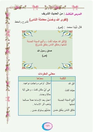 ١٥١
‫اﻟﺷرﺑف‬ ‫اﻟﺣدﯾث‬ ‫ﻣن‬ : ådÉãdG ¢SQódG
‫واﻟﺣﻔظ‬ ‫ﻟﻠﺷرح‬
(‫اﻟﻧﺎس‬ ِ‫ﺔ‬‫ﻣﻌﺎﻣﻠ‬ ُ‫ن‬ْ‫ﺳ‬ُ‫ﺣ‬‫و‬ ‫ﷲ‬ ‫)ﺗﻘوى‬
. (‫ص‬) : ‫ﻣﺣﻣد‬ ‫ﱡﯾﻧﺎ‬‫ﺑ‬‫ﻧ‬ ‫ﻗﺎل‬
‫اﻟﻣﻔردات‬ ‫ﻣﻌﺎﻧﻲ‬
َ‫ﺔ‬‫ﻧ‬َ‫ﺳ‬َ‫اﻟﺣ‬ َ‫ﺔ‬‫اﻟﺳﯾﺋ‬ ِ‫ﻊ‬ِ‫ﺑ‬ْ‫ﺗ‬‫وأ‬ ، َ‫ﻧت‬ُ‫ﻛ‬ ‫ﺣﯾﺛﻣﺎ‬ َ‫ﷲ‬ ِ‫ق‬ْ‫ﺗ‬‫))ا‬
((‫ن‬َ‫ﺳ‬َ‫ﺣ‬ ٍ‫ﻠق‬ُ‫ﺧ‬ِ‫ﺑ‬ َ‫اﻟﻧﺎس‬ ِ‫ِﻟق‬‫ﺎ‬‫وﺧ‬ ‫ُﮭﺎ‬‫ﺣ‬ْ‫ﻣ‬‫ﺗ‬
‫ﷲ‬ ‫رﺳول‬ ‫ﺻدق‬
(‫)ص‬
‫ﻣﻌﻧﺎھﺎ‬ ‫اﻟﻛﻠﻣﺔ‬
.‫ﻧواھﯾﮫ‬ ْ‫واﺟﺗﻧب‬ ‫أواﻣره‬ ْ‫ل‬‫اﻣﺗﺛ‬
‫ّﺔ‬‫ﯾ‬‫أ‬ ‫وﻋﻠﻰ‬ ، َ‫ﻛﻧت‬ ‫ﻣﻛﺎن‬ ‫أيﱢ‬ ‫ﻓﻲ‬
.‫وﺟدت‬ ٍ‫ﺔ‬‫ﺣﺎﻟ‬
‫ﺻﺎﻟﺣﺎ‬ ‫ﻋﻣﻼ‬ ‫اﻹﺳﺎءة‬ ‫ﺑﻌد‬ ‫اﻋﻣل‬
. ‫اﻻﺳﺎءة‬ ‫أﺛر‬ ‫ﯾذھب‬
. ‫ن‬َ‫ﺳ‬َ‫ﺣ‬ ٍ‫ﺑﺳﻠوك‬ ‫ُم‬‫ﮭ‬ْ‫ﻋﺎﻣﻠ‬
‫ﷲ‬ ِ‫اﺗق‬
َ‫ﻛﻧت‬ ‫ﺣﯾﺛﻣﺎ‬
‫اﻟﺣﺳﻧﺔ‬ ‫اﻟﺳﯾﺋﺔ‬ ِ‫ﺑﻊ‬ْ‫ﺗ‬‫أ‬
‫ُﮭﺎ‬‫ﺣ‬‫ﺗﻣ‬
‫ن‬َ‫ﺳ‬َ‫ﺣ‬ ‫ﻠق‬ُ‫ﺧ‬ِ‫ﺑ‬ َ‫اﻟﻧﺎس‬ ‫ِق‬‫ﻟ‬‫ﺎ‬َ‫ﺧ‬
 