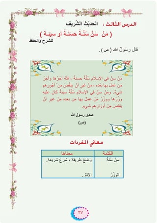 ٢٧
: ådÉãdG ¢SQódG
( ‫ﺋـﺔ‬َ‫ﯾ‬‫ﺳ‬ ‫أو‬ ً‫ـﺔ‬َ‫ﻧ‬َ‫ﺳ‬َ‫ﺣ‬ ً‫ـﺔ‬ُ‫ﻧ‬ُ‫ﺳ‬ ‫نﱠ‬َ‫ﺳ‬ ْ‫ن‬َ‫ﻣ‬ )
‫واﻟﺣﻔظ‬ ‫ﻟﻠﺷرح‬
. ( ‫ص‬ ) ‫ﷲ‬ ُ‫ل‬‫و‬َ‫رﺳ‬ ‫ﻗﺎل‬
‫رﯾف‬‫ﱠ‬‫ﺷ‬‫اﻟ‬ ‫ث‬ْ‫ﯾ‬‫اﻟﺣد‬
‫ﻣﻌﻧﺎھﺎ‬ ‫اﻟﻛﻠﻣﺔ‬
.‫ﺷرﯾﻌﺔ‬ َ‫ﺷرع‬ ، ‫طرﯾﻘﺔ‬ َ‫وﺿﻊ‬
. ُ‫م‬‫اﻹﺛ‬
‫ﱠ‬‫ﺔ‬‫ُﻧ‬‫ﺳ‬ ‫ﺳنﱠ‬
ُ‫ر‬ْ‫اﻟوز‬
äGOôØŸG ÊÉ©e
ُ‫ر‬َ‫وأﺟ‬ ‫ُھﺎ‬‫ر‬ْ‫أﺟ‬ ُ‫ﮫ‬َ‫ﻠ‬‫ﻓ‬ ، ً‫ﺣﺳﻧﺔ‬ ً‫ﺔ‬‫ﱠ‬‫ﻧ‬ُ‫ﺳ‬ ‫اﻹﺳﻼم‬ ‫ﻓﻲ‬ ‫ﺳنﱠ‬ ْ‫ن‬َ‫ﻣ‬
‫ُورھم‬‫ﺟ‬‫أ‬ ْ ‫ﻣن‬ َ‫ص‬ُ‫ﻘ‬‫ﯾﻧ‬ ْ‫أن‬ ِ‫ﯾر‬َ‫ﻏ‬ ْ‫ﻣن‬ ، ‫ده‬ْ‫ﺑﻌ‬ ‫ﺑﮭﺎ‬ َ‫ل‬‫ﻣ‬َ‫ﻋ‬ ‫ن‬َ‫ﻣ‬
ِ‫ﮫ‬‫ﻋﻠﯾ‬ َ‫ﻛﺎن‬ ً‫ﺳﯾﺋﺔ‬ ً‫ﺔ‬‫ﱠ‬‫ﻧ‬ُ‫ﺳ‬ ‫اﻹﺳﻼم‬ ‫ﻓﻲ‬ ‫ﺳنﱠ‬ ْ‫ن‬َ‫ﻣ‬‫و‬ .ٌ‫ء‬‫ﺷﻲ‬
ْ‫أن‬ ِ‫ﻏﯾر‬ ْ‫ن‬ِ‫ﻣ‬ ‫ﺑﻌده‬ ‫ﻣن‬ ‫ﮭﺎ‬ِ‫ﺑ‬ َ‫ل‬‫ﻋﻣ‬ ْ‫ن‬َ‫ﻣ‬ ُ‫ر‬ْ‫ووز‬ ‫ُھﺎ‬‫ر‬ْ‫وز‬
.‫ﻲء‬‫ﺷ‬ ‫ھم‬ِ‫أوزار‬ ْ‫ن‬ِ‫ﻣ‬ َ‫ﯾﻧﻘص‬
‫ﷲ‬ ‫رﺳول‬ ‫ﺻدق‬
(‫)ص‬
 