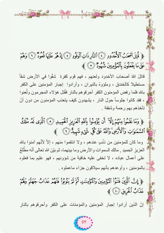 ٥٢
8765 432 10/. -,+‫ﱫ‬
‫ﱪ‬>=<;:9
ً‫ﺎ‬‫ﺷﻘ‬ ‫اﻷرض‬ ‫ﻓﻲ‬ ‫وا‬ّ‫ﻘ‬‫ﺷ‬ ‫ﻛﻔرة‬ ‫ﻗوم‬ ‫ﻓﮭم‬ ، ‫وﻟﻌﻧﮭم‬ ‫اﻷﺧدود‬ َ‫أﺻﺣﺎب‬ ُ‫ﷲ‬ َ‫ل‬‫ﻗﺎﺗ‬
‫اﻟﻛﻔر‬ ‫ﻋﻠﻰ‬ ‫اﻟﻣؤﻣﻧﯾن‬ ‫إﺟﺑﺎر‬ ‫وأرادوا‬ ، ‫ﺑﺎﻟﻧﯾران‬ ُ‫ه‬‫وﻣﻠؤو‬ ، ‫ﻛﺎﻟﺧﻧدق‬ ‫ﻣﺳﺗطﯾﻼ‬
‫ﻌﻧوا‬ُ‫ﻟ‬‫و‬ ‫اﻟﻣﺟرﻣون‬ ‫ھؤﻻء‬ ‫ﺗل‬ُ‫ﻘ‬‫ﻓ‬ ‫ﺑﺎﻟﻧﺎر‬ ‫أﺣرﻗوھم‬ ‫اﻟﻛﻔر‬ ‫اﻟﻣؤﻣﻧون‬ ‫رﻓض‬ ‫ﻓﻠﻣﺎ‬ ‫ﺑﺎﮫﻠﻟ‬
ْ‫أن‬ ‫دون‬ ‫ﻣن‬ ‫اﻟﻣؤﻣﻧون‬ ‫ﯾﺗﻌذب‬ ‫ﻛﯾف‬ ‫ﯾﺷﮭدون‬ ، ‫اﻟﻧﺎر‬ َ‫ل‬‫ﺣو‬ ً‫ﺎ‬‫ﺟﻠوﺳ‬ ‫ﻛﺎﻧوا‬ ‫ﻓﻘد‬ ،
. ‫وﺷﻔﻘﺔ‬ ‫رﺣﻣﺔ‬ ‫ﺑﮭم‬ ‫ﺗﺄﺧذھم‬
KJIHGFEDC BA@?‫ﱫ‬
‫ﱪ‬ TSR QPONML
‫ﺑﺎﮫﻠﻟ‬ ‫آﻣﻧوا‬ ‫ﮭم‬ّ‫ﻧ‬‫ﻷ‬ ّ‫ﻻ‬‫إ‬ ، ‫ﻣﻧﮭم‬ ‫اﻧﺗﻘﻣوا‬ ‫وﻻ‬ ، ‫ﻋﻧدھم‬ ٍ‫ب‬ْ‫ﻧ‬‫ذ‬ ‫ﻣن‬ ‫ﻟﻠﻣؤﻣﻧﯾن‬ ‫ﻛﺎن‬ ‫وﻣﺎ‬
ٌ‫ﻊ‬‫ﻠ‬‫ﱠ‬‫ﻣط‬ ‫ﮫ‬ّ‫ﻧ‬‫أ‬ ‫ﺗﻌﺎﻟﻰ‬ ‫ﷲ‬ َ‫ّن‬‫ﯾ‬‫ﺑ‬ ‫ﺛم‬ ،‫ﺑﯾﻧﮭﻣﺎ‬ ‫وﻣﺎ‬ ‫واﻷرض‬ ‫اﻟﺳﻣوات‬ ‫ﻣﺎﻟك‬ , ِ‫د‬‫اﻟﺣﻣﯾ‬ ِ‫اﻟﻌزﯾز‬
‫ﻓﻌﻠوه‬ ‫ﺑﻣﺎ‬ ‫ﻋﻠﯾم‬ ‫ﻓﮭو‬ ، ‫ﺷؤوﻧﮭم‬ ‫ﻣن‬ ‫ﺧﺎﻓﯾﺔ‬ ‫ﻋﻠﯾﮫ‬ ‫ﺗﺧﻔﻰ‬ ‫ﻻ‬ ، ‫ﻋﺑﺎده‬ ‫أﻋﻣﺎل‬ ‫ﻋﻠﻰ‬
. ‫ﻣﺎﻋﻣﻠوه‬ ‫ﺟزاء‬ ‫ﺳﯾﻼﻗون‬ ‫ﺑﺄﻧﮭم‬ ‫وأوﻋدھم‬ ، ‫ﺑﺎﻟﻣؤﻣﻧﯾن‬
`_^][ZYXW VU‫ﱫ‬
‫ﱪ‬c ba
‫ﺑﺎﻟﻧﺎر‬ ‫وأﺣرﻗوھم‬ ‫اﻟﻛﻔر‬ ‫ﻋﻠﻰ‬ ‫واﻟﻣؤﻣﻧﺎت‬ ‫اﻟﻣؤﻣﻧﯾن‬ ‫إﺟﺑﺎر‬ ‫أرادوا‬ ‫اﻟذﯾن‬ ّ‫إن‬
 