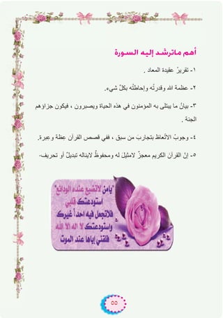 ٥٥
IQƒ°ùdG ¬«dEG ó°TôJÉe ºgCG
. ‫اﻟﻣﻌﺎد‬ ‫ﻋﻘﯾدة‬ ُ‫ر‬‫ﺗﻘرﯾ‬ -۱
.‫ﺷﻲء‬ ‫ﱢ‬‫ل‬‫ﺑﻛ‬ ‫ﮫ‬ُ‫ﺗ‬‫وإﺣﺎط‬ ‫ﮫ‬ُ‫ﺗ‬‫وﻗدر‬ ‫ﷲ‬ ‫ﻋظﻣﺔ‬ -۲
‫ﺟزاؤھم‬ ‫ﻓﯾﻛون‬ ، ‫وﯾﺻﺑرون‬ ‫اﻟﺣﯾﺎة‬ ‫ھذه‬ ‫ﻓﻲ‬ ‫اﻟﻣؤﻣﻧون‬ ‫ﺑﮫ‬ ‫ﯾﺑﺗﻠﻰ‬ ‫ﻣﺎ‬ ُ‫ﺑﯾﺎن‬ -۳
. ‫اﻟﺟﻧﺔ‬
.‫ﺑرة‬ِ‫وﻋ‬ ‫ظﺔ‬ِ‫ﻋ‬ ‫اﻟﻘرآن‬ ‫ﻗﺻص‬ ‫ﻓﻔﻲ‬ ، ‫ﺳﺑق‬ ‫ﻣن‬ َ‫ﺑﺗﺟﺎرب‬ ‫ﻌﺎظ‬ّ‫ﺗ‬‫اﻻ‬ ُ‫وﺟوب‬ -٤
.‫ﺗﺣرﯾف‬ ‫أو‬ ٌ‫ل‬‫ﺗﺑدﯾ‬ ‫ﻻﯾﻧﺎﻟﮫ‬ ٌ‫وﻣﺣﻔوظ‬ ‫ﻟﮫ‬ َ‫ل‬‫ﻻﻣﺛﯾ‬ ٌ‫ز‬‫ﻣﻌﺟ‬ ‫اﻟﻛرﯾم‬ َ‫اﻟﻘرآن‬ ّ‫إن‬ -٥
 