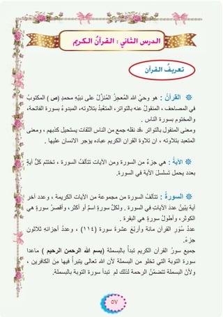 ٥٧
ُ‫اﻟﻣﻛﺗوب‬ ( ‫)ص‬ ٍ‫د‬‫ﻣﺣﻣ‬ ِ‫ﮫ‬ّ‫ﯾ‬‫ﻧﺑ‬ ‫ﻋﻠﻰ‬ ُ‫ل‬‫ﱠ‬‫ُﻧز‬‫ﻣ‬‫اﻟ‬ ُ‫ز‬ِ‫ﺟ‬‫ُﻌ‬‫ﻣ‬‫اﻟ‬ ‫ﷲ‬ ُ‫وﺣﻲ‬ ‫ھو‬ : ُ‫اﻟﻘرآن‬ ‫٭‬
،‫اﻟﻔﺎﺗﺣﺔ‬ ‫ﺑﺳورة‬ ُ‫ء‬‫اﻟﻣﺑدو‬ ،‫ﺑﺗﻼوﺗﮫ‬ ُ‫د‬‫ﱠﺑ‬‫ﻌ‬‫اﻟﻣﺗ‬ ،‫ﺑﺎﻟﺗواﺗر‬ ‫ﻋﻧﮫ‬ ُ‫ل‬‫اﻟﻣﻧﻘو‬ ، ‫اﻟﻣﺻﺎﺣف‬ ‫ﻓﻲ‬
. ‫اﻟﻧﺎس‬ ‫ﺑﺳورة‬ ‫واﻟﻣﺧﺗوم‬
‫وﻣﻌﻧﻰ‬ ، ‫ﻛذﺑﮭم‬ ‫ﯾﺳﺗﺣﯾل‬ ‫اﻟﺛﻘﺎت‬ ‫اﻟﻧﺎس‬ ‫ﻣن‬ ‫ﺟﻣﻊ‬ ‫ﻧﻘﻠﮫ‬ ‫،ﻗد‬ ‫ﺑﺎﻟﺗواﺗر‬ ‫اﻟﻣﻧﻘول‬ ‫وﻣﻌﻧﻰ‬
. ‫ﻋﻠﯾﮭﺎ‬ ‫اﻻﻧﺳﺎن‬ ‫ﯾؤﺟر‬ ‫ﻋﺑﺎده‬ ‫اﻟﻛرﯾم‬ ‫اﻟﻘران‬ ‫ﺗﻼوة‬ ‫ان‬ ، ‫ﺑﺗﻼوﺗﮫ‬ ‫اﻟﻣﺗﻌﺑد‬
ٍ‫ﺔ‬‫آﯾ‬ ‫ﱡ‬‫ل‬‫ﻛ‬ ‫ﺗﺧﺗﺗم‬ ، ‫اﻟﺳورة‬ ُ‫ﺗﺗﺄﻟف‬ ‫اﻵﯾﺎت‬ ‫وﻣن‬ ‫اﻟﺳورة‬ ‫ﻣن‬ ٌ‫ء‬‫ﺟز‬ ‫ھﻲ‬ : ُ‫اﻵﯾﺔ‬ ‫٭‬
.‫اﻟﺳورة‬ ‫ﻓﻲ‬ ‫اﻵﯾﺔ‬ َ‫ل‬‫ﺗﺳﻠﺳ‬ ‫ﯾﺣﻣل‬ ‫ﺑﻌدد‬
‫آﺧر‬ ‫وﻋدد‬ ، ‫اﻟﻛرﯾﻣﺔ‬ ‫اﻵﯾﺎت‬ ‫ﻣن‬ ‫ﻣﺟﻣوﻋﺔ‬ ‫ﻣن‬ ‫اﻟﺳورة‬ ُ‫ﺗﺗﺄﻟف‬ : ُ‫ة‬‫اﻟﺳور‬ ‫٭‬
‫ھﻲ‬ ٍ‫ة‬‫ﺳور‬ ُ‫ر‬‫وأﻗﺻ‬ ،‫أﻛﺛر‬ ‫أو‬ ٌ‫م‬‫اﺳ‬ ٍ‫ة‬‫ﺳور‬ ‫ﱢ‬‫ل‬‫وﻟﻛ‬ . ‫اﻟﺳورة‬ ‫ﻓﻲ‬ ِ‫ت‬‫اﻵﯾﺎ‬ َ‫ﻋدد‬ ُ‫ّﯾن‬‫ﺑ‬‫ﯾ‬ ‫آﯾﺔ‬
. ‫اﻟﺑﻘرة‬ ‫ھﻲ‬ ٍ‫ة‬‫ﺳور‬ ُ‫ل‬‫وأطو‬ ،‫اﻟﻛوﺛر‬
‫ﺛﻼﺛون‬ ِ‫ﮫ‬‫أﺟزاﺋ‬ ُ‫د‬‫وﻋد‬ ، (۱۱٤) ‫ﺳورة‬ َ‫ة‬‫ﻋﺷر‬ َ‫ّﻊ‬‫ﺑ‬‫وأر‬ ‫ﻣﺎﺋﺔ‬ ‫اﻟﻘرآن‬ ِ‫ر‬ َ‫ُو‬‫ﺳ‬ ُ‫د‬‫ﻋد‬
.ً‫ء‬‫ﺟز‬
‫ﻣﺎﻋدا‬ ( ‫اﻟرﺣﯾم‬ ‫اﻟرﺣﻣن‬ ‫ﷲ‬ ‫)ﺑﺳم‬ ‫ﺑﺎﻟﺑﺳﻣﻠﺔ‬ ُ‫ﺗﺑدأ‬ ‫اﻟﻛرﯾم‬ ‫اﻟﻘرآن‬ ُ‫ر‬‫ﺳو‬ ‫ﺟﻣﯾﻊ‬
، ‫اﻟﻛﺎﻓرﯾن‬ َ‫ِن‬‫ﻣ‬ ‫ﻓﯾﮭﺎ‬ ُ‫ﯾﺗﺑرأ‬ ‫ﺗﻌﺎﻟﻰ‬ ‫ﷲ‬ ‫ﻷن‬ ‫اﻟﺑﺳﻣﻠﺔ‬ ‫ﻣن‬ ‫ﺗﺧﻠو‬ ‫اﻟﺗﻲ‬ ‫اﻟﺗوﺑﺔ‬ ‫ﺳورة‬
.‫ﺑﺎﻟﺑﺳﻣﻠﺔ‬ ‫اﻟﺗوﺑﺔ‬ ‫ﺳورة‬ ‫ﺗﺑدأ‬ ‫ﻟم‬ ‫ﻟذﻟك‬ ‫اﻟرﺣﻣﺔ‬ ُ‫ّن‬‫ﻣ‬‫ﺗﺗﺿ‬ ‫اﻟﺑﺳﻣﻠﺔ‬ ّ‫وﻷن‬
ËôμdG o¿BGô≤dG : ÊÉãdG ¢SQódG
¿BGô≤dG o∞jô©J
 