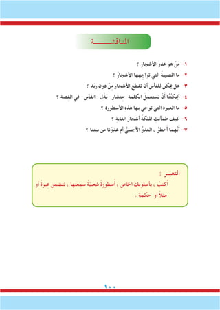 100
‫املنـاقشـــــــــــة‬
‫؟‬ ‫األشجار‬ ّ‫عدو‬ َ‫هو‬ ْ‫ن‬َ‫م‬ -1
‫؟‬ ُ‫ر‬‫األشجا‬ ‫هها‬ ِ‫تواج‬ ‫التي‬ ُ‫ة‬‫املصيب‬ ‫ما‬ -2
‫؟‬ ‫د‬َ‫ب‬َ‫ر‬ ‫دون‬ ْ‫ن‬ِ‫م‬ َ‫األشجار‬ َ‫تقطع‬ ‫أن‬ ‫للفأس‬ ‫ميكن‬ ‫هل‬ -3
‫؟‬ ‫صة‬ِ‫ق‬‫ال‬ ‫في‬ -‫-الفأس‬ ‫ل‬َ‫د‬َ‫ب‬ -‫نشار‬ِ‫م‬- ‫الكلمة‬ َ‫نستعمل‬ ْ‫ن‬َ‫أ‬ ‫ا‬ُ‫ن‬ُ‫ن‬‫ميك‬َ‫أ‬ -4
‫؟‬ ‫األسطورة‬ ِ‫ه‬‫هذ‬ ‫بها‬ ‫توحي‬ ‫التي‬ ‫العبرة‬ ‫ما‬ -5
‫؟‬ ِ‫ة‬‫الغاب‬ َ‫أشجار‬ ُ‫ة‬‫امللك‬ ِ‫طمأنت‬ ‫كيف‬ -6
‫؟‬ ‫بيننا‬ ‫من‬ ‫نا‬ّ‫عدو‬ ‫أم‬ ُّ‫األجنبي‬ ُّ‫العدو‬ ، ُ‫خطر‬َ‫أ‬ ‫هما‬ُّ‫ي‬َ‫أ‬ -7
: ‫التعبير‬
‫أو‬ ً‫ة‬‫بر‬ِ‫ع‬ ‫تتضمن‬ ، ‫ها‬َ‫ت‬‫ع‬ِ‫سم‬ ً‫ة‬ّ‫ي‬‫شعب‬ ً‫ة‬‫سطور‬ُ‫أ‬ ، ‫اخلاص‬ ‫بأسلوبك‬ ، ْ‫ُكتب‬‫ا‬
. ‫حكمة‬ ‫أو‬ ً‫ال‬‫مث‬
 