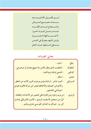 120
‫بعد‬ ‫األناشيــــــد‬ ْ‫تكتـــــمل‬ ‫لـــــــم‬
‫الــــــرياض‬ ‫جميــــــــع‬ ‫ســــــــدت‬
‫اإللـــــــــه‬ ‫لــــــــدى‬ ‫واملــــــــــفتاح‬
‫أخـــيرا‬ ‫املــــوت‬ َّ‫وحــــــل‬ ‫جـــــــاء‬
‫زهــــــــــــرة‬ ‫ال‬ ‫فــــــــــــــــاكهة‬ ‫ال‬
‫الشمس‬ ‫في‬ ُ‫يحترق‬ ِ‫هد‬ َّ‫الش‬ ‫وقرص‬
‫النحل‬ َ‫ــــند‬ِ‫ع‬ ُ‫هد‬ َّ‫الــــــش‬ َّ‫وبـــــــقي‬
‫املفردات‬ ‫معاني‬
. ‫شاب‬ : ‫يافع‬
. ‫موضوعي‬ ‫أو‬ ‫معتدل‬ ‫منهج‬ ‫بال‬ ‫لألمور‬ ‫ينظر‬ ‫الذي‬ ‫املتعصب‬ : ‫املتطرف‬
. ‫ومواطنيه‬ ‫لوطنه‬ ‫املنتمي‬ : ‫الوطني‬
. ‫سيطر‬ : ‫هيمن‬
‫املنطق‬ ‫من‬ ‫األدب‬ ‫حترير‬ ‫بوجوب‬ ‫يؤمن‬ ‫فنان‬ ‫أو‬ ، ‫شاعر‬ ‫أديب‬ : ‫السريالي‬
‫تغوص‬ ‫فكرية‬ ‫حركة‬ ‫عن‬ ‫ليعبر‬ ‫واألخالقية‬ ‫اجلمالية‬ ‫واألغراض‬
.‫الالشعور‬ ‫في‬ ً‫ا‬‫أحيان‬
. ‫والعقائد‬ ‫األحداث‬ ‫عن‬ ‫التعبير‬ ‫على‬ ‫قادرة‬ ‫رموز‬ ‫وجود‬ ‫يرى‬ ‫من‬ : ‫الرمزي‬
‫إدغـــار‬ ‫األمريكي‬ ‫األديب‬ ، ‫الرمزي‬ ‫األسلوب‬ ‫استعمل‬ ‫من‬ ‫ل‬ّ‫أو‬
. ‫بودلير‬ ‫شاري‬ ‫الفرنسي‬ ‫الشاعر‬ ‫به‬ ‫تأثر‬ ‫ثم‬ ، ‫بو‬ ‫ألن‬
 