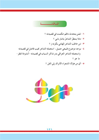 121
‫املنـاقشـــــــــــــــة‬
‫؟‬ ‫قصيدته‬ ‫في‬ ‫حكمت‬ ‫ناظم‬ ‫يتحدث‬ ‫ن‬ّ‫م‬َ‫ع‬ -1
‫؟‬ ‫نابي‬ ‫ياشار‬ ُ‫الشاعر‬ ُ‫ينتظر‬ ‫ماذا‬ -2
‫؟‬ ‫ز‬ ‫بكرته‬ ‫إلهامي‬ ‫الشاعر‬ َ‫خاطب‬ ‫ن‬َ‫م‬ -3
‫قصيدته‬ ‫في‬ ‫فاضل‬ ‫جنيب‬ ‫الشاعر‬ ‫استعمله‬ ،‫جميل‬ ‫طبيعي‬ ‫موضوع‬ ‫يوجد‬ -4
-‫املطر‬ ‫نشودة‬ُ‫أ‬- ‫قصيدته‬ ‫في‬ ‫السياب‬ ‫شاكر‬ ‫بدر‬ ‫العراقي‬ ‫الشاعر‬ ‫واستعمله‬
‫؟‬ ‫هو‬ ‫ما‬
‫؟‬ ّ‫َن‬‫ف‬‫ال‬ ‫رثى‬ ‫األتراك‬ ‫الشعراء‬ ‫هؤالء‬ ‫من‬ ّ‫أي‬ -5
m
 