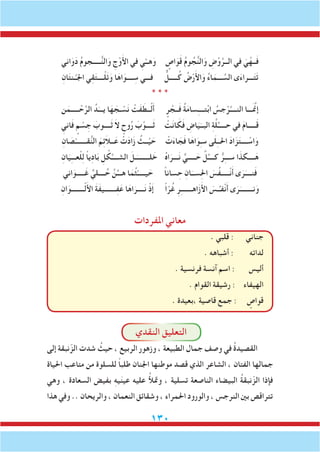 130
‫اني‬َ‫و‬َ‫د‬ ُ‫م‬‫ـــــجو‬ُّ‫ن‬‫ال‬َ‫و‬ ِ‫ج‬ْ‫و‬َ‫أل‬‫ا‬ ‫في‬ ِ‫ي‬ْ‫هــ‬َ‫و‬ ٍ‫اص‬َ‫و‬َ‫ق‬ ُ‫م‬‫و‬ ُ‫ج‬ُّ‫ن‬‫ال‬َ‫و‬ ِ‫ض‬ْ‫و‬َّ‫الــر‬ ‫في‬ َ‫ي‬ْ‫ــه‬َ‫ف‬
ِ‫ان‬َ‫ت‬‫ـن‬َّ‫اجلـ‬ ‫ي‬ِ‫ق‬َ‫ت‬‫ــــ‬ْ‫ل‬َ‫ت‬َ‫و‬ ‫ا‬َ‫اه‬َ‫ــــو‬ ِ‫س‬ ‫فـــي‬ ٌّ‫ـــــل‬ُ‫ك‬ ُ‫ض‬ْ‫ر‬َ‫أل‬‫ا‬َ‫و‬ ُ‫ء‬‫ا‬َ‫ـــم‬ َّ‫الس‬ ‫ى‬َ‫ء‬‫ـــرا‬َ‫ت‬َ‫ت‬
* * *
‫ن‬َ‫ـــــم‬ ْ‫ح‬َّ‫الر‬ ُ‫د‬َ‫يـــ‬ ‫ا‬َ‫ه‬ َ‫ـج‬ ْ‫س‬َ‫ن‬ ْ‫َت‬‫ف‬ َ‫ــط‬ْ‫ل‬َ‫أ‬ ٍ‫ر‬ ْ‫ــج‬َ‫ف‬ ُ‫ة‬َ‫م‬‫سا‬ِ‫ـ‬‫تـــ‬ْ‫ب‬‫ا‬ ُ‫جس‬ْ‫ر‬َّ‫النــــ‬ ‫ـــا‬ََّ‫م‬‫إن‬
ِ‫اني‬َ‫ف‬ ٍ‫م‬ ْ‫س‬ ِ‫ج‬ َ‫ــــوب‬َ‫ث‬ َ‫ال‬ ٍ‫وح‬ُ‫ر‬ َ‫ب‬ْ‫ــــو‬َ‫ث‬ ْ‫ت‬َ‫ن‬‫ا‬ َ‫ك‬َ‫ف‬ ِ‫اض‬َ‫ي‬َ‫البــ‬ ِ‫ة‬َّ‫ل‬ُ‫حـــــ‬ ‫في‬ َ‫م‬‫ـــــا‬َ‫ق‬
ِ‫ان‬ َ‫ص‬ْ‫قـــــــ‬ُّ‫ن‬‫ال‬ َ‫م‬ِ‫ئ‬َ‫ال‬‫ــ‬َ‫ع‬ ْ‫ت‬َ‫د‬‫ا‬َ‫ز‬ ُ‫ــث‬ْ‫ي‬ َ‫ح‬ ْ‫ت‬َ‫ء‬‫ا‬ َ‫ج‬َ‫ف‬ ‫ا‬َ‫اه‬َ‫و‬ِ‫ـ‬‫س‬ ‫ى‬َ‫ل‬ِ‫ـ‬‫احلـ‬ َ‫د‬‫ا‬َ‫ز‬َ‫ت‬‫ــــ‬ ْ‫اس‬َ‫و‬
ِ‫ان‬َ‫ي‬ِ‫ـ‬‫عــ‬ْ‫ل‬ِ‫ل‬ ً‫ا‬‫ي‬ِ‫د‬‫ا‬َ‫ب‬ ِ‫ل‬ ْ‫ك‬َّ‫الشــــ‬ َ‫ـل‬َ‫لــــــــ‬ َ‫خ‬ ُ‫ه‬‫ا‬َ‫ـــر‬َ‫ن‬ ٍّ‫ـــــي‬ َ‫ح‬ ِّ‫ل‬ُ‫كــــ‬ ُّ‫ر‬ِ‫ـ‬‫ســ‬ ‫ا‬َ‫ــــكذ‬َ‫ه‬
‫اني‬َ‫ـــــو‬َ‫غ‬ ٍّ‫ــــلي‬ُ‫ح‬ َّ‫ن‬ُ‫هـــ‬ ‫ا‬َ‫م‬ُ‫ث‬ْ‫يـــــ‬ َ‫ح‬ ً‫ا‬‫سان‬ ِ‫ح‬ ِ‫ان‬َ‫ســ‬ِ‫حل‬‫ا‬ َ‫ُس‬‫ف‬‫ـــــ‬ْ‫ن‬َ‫أ‬ ‫ى‬َ‫ر‬َ‫نــــ‬َ‫ف‬
ِ‫ان‬َ‫ــــــــو‬ْ‫ل‬َ‫أل‬‫ا‬ َ‫ة‬َ‫ف‬‫ـــــــي‬ِ‫ف‬َ‫ع‬ ‫ا‬َ‫اه‬َ‫ــــر‬َ‫ن‬ ْ‫َذ‬‫إ‬ ً‫ا‬ّ‫ر‬ُ‫غ‬ ِ‫ر‬ِ‫ـ‬‫اهــــــ‬َ‫ز‬َ‫أل‬‫ا‬ َ‫ـس‬ُ‫فـ‬ْ‫ن‬َ‫أ‬ ‫ى‬َ‫ر‬َ‫نــــــــ‬َ‫و‬
‫املفردات‬ ‫معاني‬
. ‫قلبي‬ : ‫جناني‬
. ‫أشباهه‬ : ‫لداته‬
. ‫فرنسية‬ ‫آنسة‬ ‫اسم‬ : ‫أليس‬
. ‫القوام‬ ‫رشيقة‬ : ‫الهيفاء‬
. ‫،بعيدة‬ ‫قاصية‬ ‫جمع‬ : ٍ‫قواص‬
‫النقدي‬ ‫التعليق‬
‫إلى‬ ‫نبقة‬ّ‫الز‬ ‫شدت‬ ُ‫حيث‬ ، ‫الربيع‬ ‫وزهور‬ ، ‫الطبيعة‬ ‫جمال‬ ‫وصف‬ ‫في‬ ُ‫ة‬‫القصيد‬
‫احلياة‬ ‫متاعب‬ ‫من‬ ‫للسلوة‬ ً‫ا‬‫طلب‬ ‫اجلنان‬ ‫موطنها‬ ‫قصد‬ ‫الذي‬ ‫الشاعر‬ ، ‫الفتان‬ ‫جمالها‬
‫وهي‬ ، ‫السعادة‬ ‫بفيض‬ ِ‫ه‬‫ي‬َ‫ن‬‫عي‬ ‫عليه‬ ُ‫أل‬‫ومت‬ ، ‫تسلية‬ ‫الناصعة‬ ‫البيضاء‬ ُ‫ة‬‫نبق‬ّ‫الز‬ ‫فإذا‬
‫هذا‬ ‫وفي‬ .. ‫والريحان‬ ، ‫النعمان‬ ‫وشقائق‬ ، ‫احلمراء‬ ‫والورود‬ ، ‫النرجس‬ ‫بني‬ ‫تتراقص‬
 