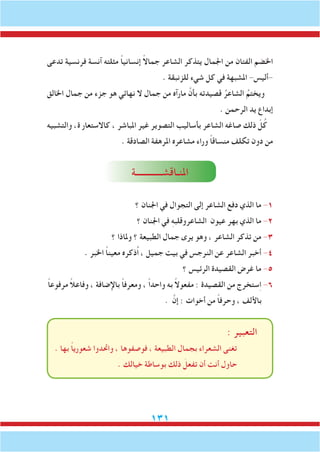 131
‫تدعى‬ ‫فرنسية‬ ‫آنسة‬ ‫مثلته‬ ً‫ا‬‫إنساني‬ ً‫ال‬‫جما‬ ‫الشاعر‬ ‫يتذكر‬ ‫اجلمال‬ ‫من‬ ‫الفتان‬ ‫اخلضم‬
. ‫للزنبقة‬ ‫شيء‬ ‫كل‬ ‫في‬ ‫املشبهة‬ -‫-أليس‬
‫اخلالق‬ ‫جمال‬ ‫من‬ ‫جزء‬ ‫هو‬ ‫نهائي‬ ‫ال‬ ‫جمال‬ ‫من‬ ‫مارآه‬ َّ‫بأن‬ ‫قصيدته‬ ُ‫الشاعر‬ ُ‫ويختم‬
. ‫الرحمن‬ ‫يد‬ ‫إبداع‬
‫والتشبيه‬ ،‫ة‬ ‫كاالستعار‬ ، ‫املباشر‬ ‫غير‬ ‫التصوير‬ ‫بأساليب‬ ‫الشاعر‬ ‫صاغه‬ ‫ذلك‬ ّ‫ل‬ُ‫ك‬
. ‫الصادقة‬ ‫املرهفة‬ ‫مشاعره‬ ‫وراء‬ ً‫ا‬‫منساق‬ ‫تكلف‬ ‫دون‬ ‫من‬
‫املنـاقشــــــــــــة‬
‫؟‬ ‫اجلنان‬ ‫في‬ ‫التجوال‬ ‫إلى‬ ‫الشاعر‬ ‫دفع‬ ‫الذي‬ ‫ما‬ -1
‫؟‬ ‫اجلنان‬ ‫في‬ ِ‫ه‬‫الشاعروقلب‬ ‫عيون‬ ‫بهر‬ ‫الذي‬ ‫ما‬ -2
‫؟‬ ‫وملاذا‬ ‫؟‬ ‫الطبيعة‬ ‫جمال‬ ‫يرى‬ ‫وهو‬ ، ‫الشاعر‬ ‫تذكر‬ ‫من‬ -3
. ‫اخلبر‬ ً‫ا‬‫معين‬ ‫ُذكره‬‫ا‬ ، ‫جميل‬ ‫بيت‬ ‫في‬ ‫النرجس‬ ‫عن‬ ‫الشاعر‬ ‫أخبر‬ -4
‫؟‬ ‫الرئيس‬ ‫القصيدة‬ ‫غرض‬ ‫ما‬ -5
ً‫ا‬‫مرفوع‬ ً‫ال‬‫وفاع‬ ، ‫باإلضافة‬ ً‫ا‬‫ومعرف‬ ، ً‫ا‬‫واحد‬ ‫به‬ ً‫ال‬‫مفعو‬ : ‫القصيدة‬ ‫من‬ ‫ستخرج‬ِ‫ا‬ -6
. َّ‫إن‬ : ‫أخوات‬ ‫من‬ ً‫ا‬‫وحرف‬ ، ‫باأللف‬
: ‫التعبير‬
. ‫بها‬ ً‫ا‬‫شعوري‬ ‫واحتدوا‬ ، ‫فوصفوها‬ ، ‫الطبيعة‬ ‫بجمال‬ ‫الشعراء‬ ‫تغنى‬
. ‫خيالك‬ ‫بوساطة‬ ‫ذلك‬ َ‫تفعل‬ ‫أن‬ ‫أنت‬ ‫حاول‬
 