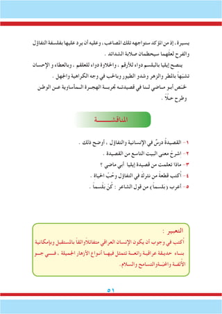 51
‫التفاؤل‬‫بفلسفة‬‫عليها‬‫يرد‬‫أن‬‫وعليه‬،‫املصاعب‬‫تلك‬‫ستواجهه‬‫املؤكد‬‫من‬‫إذ‬،‫يسيرة‬
. ‫الشدائد‬ ‫صالبة‬ ‫سيحطمان‬ ‫هما‬ّ‫ل‬‫لع‬ ‫والفرح‬
‫اإلحسان‬ ‫و‬ ‫وبالعطاء‬ ، ‫للعلقم‬ ‫دواء‬ ‫واحلالوة‬ ، ‫لألرقم‬ ‫دواء‬ ‫بالبلسم‬ ‫إيليا‬ ‫ينصح‬
. ‫واجلهل‬ ‫الكراهية‬ ‫وجه‬ ‫في‬ ‫وباحلب‬ ‫الطيور‬ ‫وشدو‬ ‫والزهر‬ ‫باملطر‬ ً‫ا‬‫ه‬ّ‫ب‬‫تش‬
‫الوطـن‬ ‫عــن‬ ‫الــمأساوية‬ ‫الهجــرة‬ ‫جتربـــة‬ ‫قصيدتــه‬ ‫في‬ ‫لــنا‬ ‫مــاضي‬ ‫أبـو‬ ‫ص‬ّ‫خلــ‬
. ًَّ‫لا‬‫حـ‬ ‫وطرح‬
‫املناقشـــــــــة‬
. ‫ذلك‬ ‫أوضح‬ ، ‫والتفاؤل‬ ‫اإلنسانية‬ ‫في‬ ٌ‫درس‬ ُ‫ة‬‫القصيد‬ -1
. ‫القصيدة‬ ‫من‬ ‫التاسع‬ ‫البيت‬ ‫معنى‬ ْ‫شرح‬ِ‫ا‬ -2
‫؟‬ ‫ماضي‬ ‫أبي‬ ‫إيليا‬ ‫قصيدة‬ ‫من‬ ‫تعلمت‬ ‫ماذا‬ -3
. ِ‫ة‬‫احليا‬ ِّ‫ب‬ُ‫وح‬ ‫التفاؤل‬ ‫في‬ َ‫نثرك‬ ‫من‬ ً‫ة‬‫طع‬ِ‫ق‬ ‫ُكتب‬‫ا‬ -4
. ً‫ا‬‫سم‬ْ‫ل‬َ‫ب‬ ْ‫ن‬ُ‫ك‬ : ‫الشاعر‬ ‫قول‬ ‫من‬ )ً‫ا‬‫لسم‬َ‫ب‬( ‫أعرب‬ -5
: ‫التعبير‬
‫وبإمكانية‬ ‫باملستقبل‬ ً‫ا‬‫ًواثق‬‫ال‬‫متفائ‬ ‫العراقي‬ ‫اإلنسان‬ ‫يكون‬ ‫أن‬ ‫وجوب‬ ‫في‬ ‫ُكتب‬‫ا‬
‫جـــو‬ ‫فـــــي‬ ، ‫اجلميلة‬ ‫األزهار‬ ‫أنـواع‬ ‫فيهــا‬ ‫تتمثل‬ ‫رائعـــة‬ ‫عراقيـة‬ ‫حديـقة‬ ‫بنــاء‬
.‫والسالم‬ ‫ــةوالتسامح‬ّ‫ب‬‫واحمل‬ ‫لفــة‬ُ‫أل‬‫ا‬
 