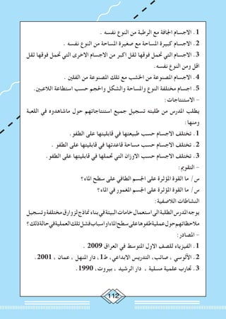 112
. ‫نفسه‬ ‫النوع‬ ‫من‬ ‫الرطبة‬ ‫مع‬ ‫اجلافة‬ ‫االجسام‬ .1
. ‫نفسه‬ ‫النوع‬ ‫من‬ ‫املساحة‬ ‫صغيرة‬ ‫مع‬ ‫املساحة‬ ‫كبيرة‬ ‫االجسام‬ .2
‫ثقل‬ ‫فوقها‬ ‫حتمل‬ ‫التي‬ ‫االخرى‬ ‫االجسام‬ ‫من‬ ‫اكبر‬ ‫ثقل‬ ‫فوقها‬ ‫حتمل‬ ‫التي‬ ‫االجسام‬ .3
.‫نفسه‬ ‫النوع‬ ‫ومن‬ ‫اقل‬
. ‫الفلني‬ ‫من‬ ‫املصنوعة‬ ‫تلك‬ ‫مع‬ ‫اخلشب‬ ‫من‬ ‫املصنوعة‬ ‫االجسام‬ .4
.‫الالعبني‬ ‫استطاعة‬ ‫حسب‬ ‫واحلجم‬ ‫والشكل‬ ‫واملساحة‬ ‫النوع‬ ‫مختلفة‬ ‫اجسام‬ .5
:‫االستنتاجات‬ -
‫اللعبة‬ ‫في‬ ‫ماشاهدوه‬ ‫حول‬ ‫استنتاجاتهم‬ ‫جميع‬ ‫تسجيل‬ ‫طلبته‬ ‫من‬ ‫املدرس‬ ‫يطلب‬
:‫ومنها‬
.‫الطفو‬ ‫على‬ ‫قابليتها‬ ‫في‬ ‫طبيعتها‬ ‫حسب‬ ‫االجسام‬ ‫تختلف‬ .1
. ‫الطفو‬ ‫على‬ ‫قابليتها‬ ‫في‬ ‫قاعدتها‬ ‫مساحة‬ ‫حسب‬ ‫االجسام‬ ‫تختلف‬ .2
.‫الطفو‬ ‫على‬ ‫قابليتها‬ ‫في‬ ‫حتملها‬ ‫التي‬ ‫االوزان‬ ‫حسب‬ ‫االجسام‬ ‫تختلف‬ .3
:‫التقومي‬ -
‫املاء؟‬ ‫سطح‬ ‫على‬ ‫الطافي‬ ‫اجلسم‬ ‫على‬ ‫املؤثرة‬ ‫القوة‬ ‫ما‬ /‫س‬
‫املاء؟‬ ‫في‬ ‫املغمور‬ ‫اجلسم‬ ‫على‬ ‫املؤثرة‬ ‫القوة‬ ‫ما‬ /‫س‬
:‫الالصفية‬ ‫النشاطات‬
‫وتسجيل‬‫مختلفة‬‫لزوارق‬‫مناذج‬‫بناء‬‫في‬‫البيئة‬‫خامات‬‫استعمال‬‫الى‬‫الطلبة‬‫املدرس‬‫يوجه‬
‫ذلك؟‬‫حالة‬‫في‬‫العملية‬‫تلك‬‫فشل‬‫اسباب‬‫او‬‫املاء‬‫سطح‬‫على‬‫طفوها‬‫عملية‬‫حول‬‫مالحظاتهم‬
:‫املصادر‬ -
. 2009 ‫العراق‬ ‫في‬ ‫املتوسط‬ ‫االول‬ ‫للصف‬ ‫الفيزياء‬ .1
.2001 ، ‫عمان‬ ، ‫املنهل‬ ‫دار‬ ،1‫ط‬ ،‫االبداعي‬ ‫التدريس‬ ،‫صائب‬ ، ‫اآللوسي‬ .2
.1990 ،‫بيروت‬ ، ‫الرشيد‬ ‫دار‬ ، ‫مسلية‬ ‫علمية‬ ‫جتارب‬ .3
 