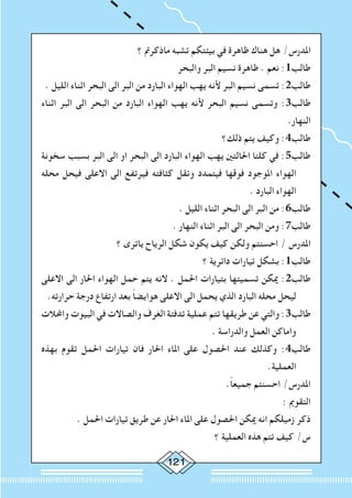 121
‫؟‬ ‫ماذكرمت‬ ‫تشبه‬ ‫بيئتكم‬ ‫في‬ ‫ظاهرة‬ ‫هناك‬ ‫هل‬ /‫املدرس‬
‫والبحر‬ ‫البر‬ ‫نسيم‬ ‫ظاهرة‬ . ‫نعم‬ :1‫طالب‬
. ‫الليل‬ ‫اثناء‬ ‫البحر‬ ‫الى‬ ‫البر‬ ‫من‬ ‫البارد‬ ‫الهواء‬ ‫يهب‬ ‫ألنه‬ ‫البر‬ ‫نسيم‬ ‫تسمى‬ :2‫طالب‬
‫اثناء‬ ‫البر‬ ‫الى‬ ‫البحر‬ ‫من‬ ‫البارد‬ ‫الهواء‬ ‫يهب‬ ‫ألنه‬ ‫البحر‬ ‫نسيم‬ ‫وتسمى‬ :3‫طالب‬
.‫النهار‬
‫ذلك؟‬ ‫يتم‬ ‫وكيف‬ :4‫طالب‬
‫سخونة‬ ‫بسبب‬ ‫البر‬ ‫الى‬ ‫او‬ ‫البحر‬ ‫الى‬ ‫البارد‬ ‫الهواء‬ ‫يهب‬ ‫احلالتني‬ ‫كلتا‬ ‫في‬ :5‫طالب‬
‫محله‬ ‫فيحل‬ ‫االعلى‬ ‫الى‬ ‫فيرتفع‬ ‫كثافته‬ ‫وتقل‬ ‫فيتمدد‬ ‫فوقها‬ ‫املوجود‬ ‫الهواء‬
. ‫البارد‬ ‫الهواء‬
. ‫الليل‬ ‫اثناء‬ ‫البحر‬ ‫الى‬ ‫البر‬ ‫من‬ :6‫طالب‬
. ‫النهار‬ ‫اثناء‬ ‫البر‬ ‫الى‬ ‫البحر‬ ‫ومن‬ :7‫طالب‬
‫؟‬ ‫ياترى‬ ‫الرياح‬ ‫شكل‬ ‫يكون‬ ‫كيف‬ ‫ولكن‬ ‫احسنتم‬ / ‫املدرس‬
‫؟‬ ‫دائرية‬ ‫تيارات‬ ‫بشكل‬ :1‫طالب‬
‫االعلى‬ ‫الى‬ ‫احلار‬ ‫الهواء‬ ‫حمل‬ ‫يتم‬ ‫النه‬ . ‫احلمل‬ ‫بتيارات‬ ‫تسميتها‬ ‫ميكن‬ :2‫طالب‬
.‫حرارته‬ ‫درجة‬ ‫ارتفاع‬ ‫بعد‬ ً‫ا‬‫هوايض‬ ‫االعلى‬ ‫الى‬ ‫يحمل‬ ‫الذي‬ ‫البارد‬ ‫محله‬ ‫ليحل‬
‫واحملالت‬ ‫البيوت‬ ‫في‬ ‫والصاالت‬ ‫الغرف‬ ‫تدفئة‬ ‫عملية‬ ‫تتم‬ ‫طريقها‬ ‫عن‬ ‫والتي‬ :3‫طالب‬
. ‫والدراسة‬ ‫العمل‬ ‫واماكن‬
‫بهذه‬ ‫تقوم‬ ‫احلمل‬ ‫تيارات‬ ‫فان‬ ‫احلار‬ ‫املاء‬ ‫على‬ ‫احلصول‬ ‫عند‬ ‫وكذلك‬ :4‫طالب‬
.‫العملية‬
.ً‫ا‬‫جميع‬ ‫احسنتم‬ /‫املدرس‬
: ‫التقومي‬
. ‫احلمل‬ ‫تيارات‬ ‫طريق‬ ‫عن‬ ‫احلار‬ ‫املاء‬ ‫على‬ ‫احلصول‬ ‫ميكن‬ ‫انه‬ ‫زميلكم‬ ‫ذكر‬
‫؟‬ ‫العملية‬ ‫هذه‬ ‫تتم‬ ‫كيف‬ /‫س‬
 