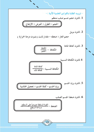 13
-: ‫اآلتية‬ ‫العلمية‬ ‫بالقوانني‬ ‫الطلبة‬ ‫تزويد‬ -
‫منتظم‬ ‫صلب‬ ‫جسم‬ ‫حجم‬ ‫قانون‬ .1
‫االرتفاع‬ × ‫العرض‬ × ‫الطول‬ = ‫احلجم‬ 			
‫بويل‬ ‫قانون‬ .2
) ‫احلرارة‬ ‫درجة‬ ‫(بثبوت‬ ‫ثابت‬ ‫مقدار‬ = ‫ضغطه‬ × ‫الغاز‬ ‫حجم‬ 		
‫املادة‬ ‫كثافة‬ ‫قانون‬ .3
‫الكتلة‬‫ــــــــــــ‬
‫احلجم‬ = ‫الكثافة‬ 	 	
‫النسبية‬ ‫الكثافة‬ ‫4.قانون‬
‫املادة‬ ‫كثافة‬
‫ـــــــــــــــــــ‬
‫املاء‬ ‫كثافة‬ = ‫النسبية‬ ‫الكثافة‬
			
‫اجلسم‬ ‫وزن‬ ‫قانون‬ .5
‫اجلاذبية‬ ‫تعجيل‬ × ‫اجلسم‬ ‫كتلة‬ = ‫اجلسم‬ ‫وزن‬ 			
‫الصلب‬ ‫اجلسم‬ ‫ضغط‬ ‫قانون‬ .6
‫السطح‬ ‫على‬ ً‫ا‬‫عمودي‬ ‫املسلطة‬ ‫القوة‬‫ـــــــــــــــــــــــــــــــــــــــــــــــــــــــــــــ‬
‫السطح‬ ‫مساحة‬ = ‫الضغط‬
			
 