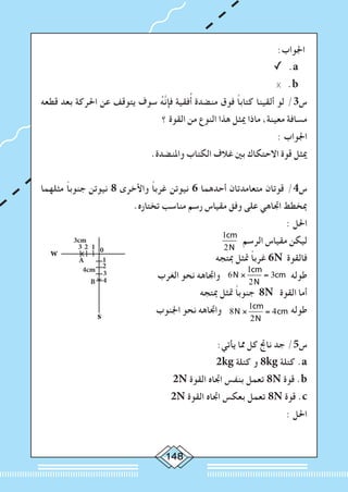 148
:‫اجلواب‬
✓ .a
× .b
‫قطعه‬ ‫بعد‬ ‫احلركة‬ ‫عن‬ ‫يتوقف‬ ‫سوف‬ ُ‫ه‬َّ‫ن‬‫فإ‬ ‫فقية‬ُ‫أ‬ ‫منضدة‬ ‫فوق‬ ً‫ا‬‫كتاب‬ ‫ألقينا‬ ‫لو‬ /3‫س‬
‫؟‬ ‫القوة‬ ‫من‬ ‫النوع‬ ‫هذا‬ ‫ميثل‬ ‫ماذا‬ ،‫معينة‬ ‫مسافة‬
: ‫اجلواب‬
.‫واملنضدة‬ ‫الكتاب‬ ‫غالف‬ ‫بني‬ ‫االحتكاك‬ ‫قوة‬ ‫ميثل‬
‫مثلهما‬ ً‫ا‬‫جنوب‬ ‫نيوتن‬ 8 ‫واألخرى‬ ً‫ا‬‫غرب‬ ‫نيوتن‬ 6 ‫أحدهما‬ ‫متعامدتان‬ ‫قوتان‬ /4‫س‬
.‫تختاره‬ ‫مناسب‬ ‫رسم‬ ‫مقياس‬ ‫وفق‬ ‫على‬ ‫اجتاهي‬ ‫مبخطط‬
: ‫احلل‬
1cm
2N
‫الرسم‬ ‫مقياس‬ ‫ليكن‬
‫مبتجه‬ ‫متثل‬ ً‫ا‬‫غرب‬ 6N ‫فالقوة‬
‫الغرب‬ ‫نحو‬ ‫واجتاهه‬ 6N ×
1cm
2N
= 3cm ‫طوله‬
w
s
12
3cm
03
4cm
A
B
3
2
1
4
			‫مبتجه‬ ‫متثل‬ ً‫ا‬‫جنوب‬ 8N ‫القوة‬ ‫أما‬
	 	‫ب‬‫اجلنو‬ ‫نحو‬ ‫واجتاهه‬ 8N ×
1cm
2N
= 4cm ‫طوله‬
:‫يأتي‬ ‫مما‬ ‫كل‬ ‫ناجت‬ ‫جد‬ /5‫س‬
2kg ‫كتلة‬ ‫و‬ 8kg ‫كتلة‬ .a
2N ‫القوة‬ ‫اجتاه‬ ‫بنفس‬ ‫تعمل‬ 8N ‫قوة‬ .b
2N ‫القوة‬ ‫اجتاه‬ ‫بعكس‬ ‫تعمل‬ 8N ‫قوة‬ .c
: ‫احلل‬
 