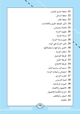 15
.‫الصلب‬ ‫اجلسم‬ ‫ضغط‬ .21
. ‫السائل‬ ‫ضغط‬ .22
. ‫الغاز‬ ‫ضغط‬ .23
.‫منه‬ ‫واالفادة‬ ‫اجلوي‬ ‫الضغط‬ ‫تأثير‬ .24
.‫ارخميدس‬ ‫قاعدة‬ .25
. ‫احلرارة‬ ‫مفهوم‬ .26
. ‫احلرارة‬ ‫درجة‬ .27
. ‫احلرارة‬ ‫درجة‬ ‫تعيني‬ .28
.‫املواد‬ ‫على‬ ‫احلرارة‬ ‫تأثير‬ .29
. ‫واستعماالتها‬ ‫وانواعها‬ ‫احملارير‬ .30
. ‫احلرارة‬ ‫انتقال‬ .31
. ‫التوصيل‬ ‫طريقة‬ .32
.‫احلمل‬ ‫طريقة‬ .33
.‫االشعاع‬ ‫طريقة‬ .34
.‫البحر‬ ‫ونسيم‬ ‫البر‬ ‫نسيم‬ .35
. ‫احلرارة‬ ‫وانبعاث‬ ‫امتصاص‬ .36
. ‫احلراري‬ ‫العزل‬ .37
.‫الثرموس‬ ‫قنينة‬ .38
. ‫الزجاجية‬ ‫البيوت‬ .39
.‫واالجنماد‬ ‫االنصهار‬ .40
. ‫لالنصهار‬ ‫الكامنة‬ ‫احلرارة‬ .41
.‫والتكاثف‬ ‫التبخر‬ .42
.‫الغليان‬ .43
 