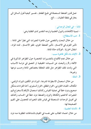 19
‫الى‬ ‫السائل‬ ‫حتول‬ ‫كيفية‬ ‫تفسير‬ ، ‫الطعام‬ ‫طبخ‬ ‫في‬ ‫املستعملة‬ ‫الضغط‬ ‫قدور‬ ‫عمل‬
.‫الغليان،...الخ‬ ‫نقطة‬ ‫في‬ ‫بخار‬
: ‫الوجداني‬ ‫املجال‬ ‫في‬ -:ً‫ا‬‫ثالث‬
:‫وهي‬ ‫الطلبة‬ ‫لدى‬ ‫التقدير‬ ‫واوجه‬ ‫العلمية‬ ‫وامليول‬ ‫االجتاهات‬ ‫تنمية‬ -
:‫االستطالع‬ ‫حب‬ .1
، ‫املادة‬ ‫على‬ ‫تطرأ‬ ‫التي‬ ‫التغيرات‬ ‫ظاهرة‬ ‫حول‬ ‫والتقصي‬ ‫البحث‬ ‫خالل‬ ‫من‬ 		
،‫املواد‬ ‫متدد‬ ، ‫االجسام‬ ‫طفو‬ ،‫اجلوي‬ ‫الضغط‬ ‫تأثير‬ ، ‫االجسام‬ ‫في‬ ‫القوى‬ ‫تأثير‬
.‫املادة‬ ‫حالة‬ ‫حتوالت‬ ، ‫احلرارة‬ ‫انتقال‬
:‫سبب‬ ‫ظاهرة‬ ‫لكل‬ ‫بان‬ ‫االميان‬ .2
‫في‬ ‫املذكورة‬ ‫الظواهر‬ ‫حول‬ ‫املختصرة‬ ‫بالتفسيرات‬ ‫االقتناع‬ ‫عدم‬ ‫خالل‬ ‫من‬ 		
‫االسباب‬ ‫دراسة‬ ‫في‬ ‫التعمق‬ ‫او‬ ‫احلقيقية‬ ‫املسببات‬ ‫عن‬ ‫والبحث‬ )1( ‫االجتاه‬
‫نوعها‬ ‫وحسب‬ ‫املادة‬ ‫بخصائص‬ ‫املتعلقة‬ ‫تلك‬ ‫مثل‬ ‫الظواهر‬ ‫تلك‬ ‫ولدت‬ ‫التي‬
.‫وغيرها‬
:‫الدقة‬ .3
،‫الرقمي‬ ‫الكفني،امليزان‬ ‫ذو‬ ‫امليزان‬ ،‫املدرجة‬ ‫االسطوانة‬ ‫استعمال‬ ‫خالل‬ ‫من‬ 		
‫بشكل‬‫القراءات‬‫أخذ‬،‫السليزي‬‫احملرار‬،‫املطلق‬‫احملرار‬،‫احللزوني‬‫القبان‬،‫املكثاف‬
‫قيم‬ ‫الستخراج‬ ‫االرقام‬ ‫استعمال‬ ‫وكذلك‬ ‫القياس‬ ‫عملية‬ ‫في‬ ‫خطأ‬ ‫ودون‬ ‫صحيح‬
‫وكذلك‬ ‫احلساب‬ ‫في‬ ‫خطأ‬ ‫دون‬ ‫والضغط‬ ‫والوزن‬ ‫والكثافة‬ ‫كاحلجم‬ ‫املتغيرات‬
‫القيم‬ ‫على‬ ‫للحصول‬ ‫املتغيرات‬ ‫تلك‬ ‫قياس‬ ‫في‬ ‫املستعملة‬ ‫الوحدات‬ ‫حتويل‬ ‫في‬
.‫لها‬ ‫الصحيحة‬
:‫العلمية‬ ‫االمانة‬ .4
‫دون‬ ‫منه‬ ‫املطلوبة‬ ‫بالنشاطات‬ ‫القيام‬ ‫في‬ ‫نفسه‬ ‫على‬ ‫الطالب‬ ‫اعتماد‬ ‫خالل‬ ‫من‬ 	
 