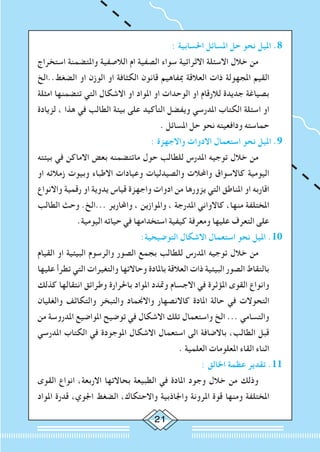 21
: ‫احلسابية‬ ‫املسائل‬ ‫حل‬ ‫نحو‬ ‫امليل‬ .8
‫استخراج‬ ‫واملتضمنة‬ ‫الالصفية‬ ‫ام‬ ‫الصفية‬ ‫سواء‬ ‫االثرائية‬ ‫االسئلة‬ ‫خالل‬ ‫من‬ 		
‫الضغط..الخ‬ ‫او‬ ‫الوزن‬ ‫او‬ ‫الكثافة‬ ‫قانون‬ ‫مبفاهيم‬ ‫العالقة‬ ‫ذات‬ ‫املجهولة‬ ‫القيم‬
‫امثلة‬ ‫تتضمنها‬ ‫التي‬ ‫االشكال‬ ‫او‬ ‫املواد‬ ‫او‬ ‫الوحدات‬ ‫او‬ ‫لالرقام‬ ‫جديدة‬ ‫بصياغة‬
‫لزيادة‬ ، ‫هذا‬ ‫في‬ ‫الطالب‬ ‫بيئة‬ ‫على‬ ‫التأكيد‬ ‫ويفضل‬ ‫املدرسي‬ ‫الكتاب‬ ‫اسئلة‬ ‫او‬
. ‫املسائل‬ ‫حل‬ ‫نحو‬ ‫ودافعيته‬ ‫حماسته‬
: ‫واالجهزة‬ ‫االدوات‬ ‫استعمال‬ ‫نحو‬ ‫امليل‬ .9
‫بيئته‬ ‫في‬ ‫االماكن‬ ‫بعض‬ ‫ماتتضمنه‬ ‫حول‬ ‫للطالب‬ ‫املدرس‬ ‫توجيه‬ ‫خالل‬ ‫من‬ 		
‫او‬ ‫زمالئه‬ ‫وبيوت‬ ‫االطباء‬ ‫وعيادات‬ ‫والصيدليات‬ ‫واحملالت‬ ‫كاالسواق‬ ‫اليومية‬
‫واالنواع‬ ‫رقمية‬ ‫او‬ ‫يدوية‬ ‫قياس‬ ‫واجهزة‬ ‫ادوات‬ ‫من‬ ‫يزورها‬ ‫التي‬ ‫املناطق‬ ‫او‬ ‫اقاربه‬
‫الطالب‬ ‫وحث‬ .‫...الخ‬ ‫واحملارير‬ ، ‫واملوازين‬ ، ‫املدرجة‬ ‫كاالواني‬ ،‫منها‬ ‫املختلفة‬
.‫اليومية‬ ‫حياته‬ ‫في‬ ‫استخدامها‬ ‫كيفية‬ ‫ومعرفة‬ ‫عليها‬ ‫التعرف‬ ‫على‬
:‫التوضيحية‬ ‫االشكال‬ ‫استعمال‬ ‫نحو‬ ‫امليل‬ .10
‫القيام‬ ‫او‬ ‫البيئية‬ ‫والرسوم‬ ‫الصور‬ ‫بجمع‬ ‫للطالب‬ ‫املدرس‬ ‫توجيه‬ ‫خالل‬ ‫من‬ 		
‫عليها‬ ‫تطرأ‬ ‫التي‬ ‫والتغيرات‬ ‫وحاالتها‬ ‫باملادة‬ ‫العالقة‬ ‫ذات‬ ‫البيئية‬ ‫الصور‬ ‫بالتقاط‬
‫كذلك‬ ‫انتقالها‬ ‫وطرائق‬ ‫باحلرارة‬ ‫املواد‬ ‫ومتدد‬ ‫االجسام‬ ‫في‬ ‫املؤثرة‬ ‫القوى‬ ‫وانواع‬
‫والغليان‬ ‫والتكاثف‬ ‫والتبخر‬ ‫واالجنماد‬ ‫كاالنصهار‬ ‫املادة‬ ‫حالة‬ ‫في‬ ‫التحوالت‬
‫من‬ ‫املدروسة‬ ‫املواضيع‬ ‫توضيح‬ ‫في‬ ‫االشكال‬ ‫تلك‬ ‫واستعمال‬ ‫الخ‬ ... ‫والتسامي‬
‫املدرسي‬ ‫الكتاب‬ ‫في‬ ‫املوجودة‬ ‫االشكال‬ ‫استعمال‬ ‫الى‬ ‫باالضافة‬ ،‫الطالب‬ ‫قبل‬
. ‫العلمية‬ ‫املعلومات‬ ‫القاء‬ ‫اثناء‬
: ‫اخلالق‬ ‫عظمة‬ ‫تقدير‬ .11
‫القوى‬ ‫انواع‬ ،‫االربعة‬ ‫بحاالتها‬ ‫الطبيعة‬ ‫في‬ ‫املادة‬ ‫وجود‬ ‫خالل‬ ‫من‬ ‫وذلك‬ 		
‫املواد‬ ‫قدرة‬ ،‫اجلوي‬ ‫الضغط‬ ،‫واالحتكاك‬ ‫واجلاذبية‬ ‫املرونة‬ ‫قوة‬ ‫ومنها‬ ‫املختلفة‬
 
