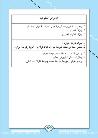 51
‫السلوكية‬ ‫االغراض‬
. ‫لالجسام‬ ‫احلراري‬ ‫االتزان‬ ‫حول‬ ‫اليومية‬ ‫بيئته‬ ‫من‬ ‫امثلة‬ ‫يعطي‬ .1
. ‫احلرارة‬ ‫ف‬ّ‫يعر‬ .2
.‫احلراري‬ ‫االتزان‬ ‫ف‬ّ‫يعر‬ .3
. ‫احلرارة‬ ‫درجة‬ ‫ف‬ّ‫يعر‬ .1
. ‫احلرارة‬ ‫ودرجة‬ ‫احلرارة‬ ‫بني‬ ً‫ا‬‫فرق‬ ‫هناك‬ ‫ان‬ ‫تبني‬ ‫اليومية‬ ‫بيئته‬ ‫من‬ ‫امثلة‬ ‫يعطي‬ .2
.‫احلرارة‬ ‫درجة‬ ‫لقياس‬ ‫املستعملة‬ ‫االداة‬ ‫يسمي‬ .1
. ‫احملارير‬ ‫في‬ ‫الزئبق‬ ‫استعمال‬ ‫يعلل‬ .2
.‫النقي‬ ‫املاء‬ ‫غليان‬ ‫ودرجة‬ ‫اجنماد‬ ‫درجة‬ ‫عليه‬ ‫ويعني‬ ‫احملرار‬ ‫يرسم‬ .3
 