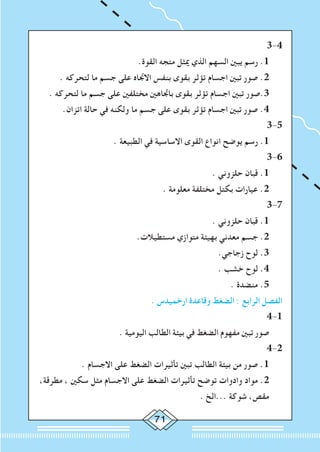 71
3-4
.‫القوة‬ ‫متجه‬ ‫ميثل‬ ‫الذي‬ ‫السهم‬ ‫يبني‬ ‫رسم‬ .1
. ‫لتحركه‬ ‫ما‬ ‫جسم‬ ‫على‬ ‫االجتاه‬ ‫بنفس‬ ‫بقوى‬ ‫تؤثر‬ ‫اجسام‬ ‫تبني‬ ‫صور‬ .2
. ‫لتحركه‬ ‫ما‬ ‫جسم‬ ‫على‬ ‫مختلفني‬ ‫باجتاهني‬ ‫بقوى‬ ‫تؤثر‬ ‫اجسام‬ ‫تبني‬ ‫3.صور‬
.‫اتزان‬ ‫حالة‬ ‫في‬ ‫ولكنه‬ ‫ما‬ ‫جسم‬ ‫على‬ ‫بقوى‬ ‫تؤثر‬ ‫اجسام‬ ‫تبني‬ ‫صور‬ .4
3-5
. ‫الطبيعة‬ ‫في‬ ‫االساسية‬ ‫القوى‬ ‫انواع‬ ‫يوضح‬ ‫رسم‬ .1
3-6
. ‫حلزوني‬ ‫قبان‬ .1
. ‫معلومة‬ ‫مختلفة‬ ‫بكتل‬ ‫عيارات‬ .2
3-7
. ‫حلزوني‬ ‫قبان‬ .1
.‫مستطيالت‬ ‫متوازي‬ ‫بهيئة‬ ‫معدني‬ ‫جسم‬ .2
.‫زجاجي‬ ‫لوح‬ .3
. ‫خشب‬ ‫لوح‬ .4
. ‫منضدة‬ .5
. ‫ارخميدس‬ ‫وقاعدة‬ ‫الضغط‬ : ‫الرابع‬ ‫الفصل‬
4-1
. ‫اليومية‬ ‫الطالب‬ ‫بيئة‬ ‫في‬ ‫الضغط‬ ‫مفهوم‬ ‫تبني‬ ‫صور‬
4-2
. ‫االجسام‬ ‫على‬ ‫الضغط‬ ‫تأثيرات‬ ‫تبني‬ ‫الطالب‬ ‫بيئة‬ ‫من‬ ‫صور‬ .1
،‫مطرقة‬ ، ‫سكني‬ ‫مثل‬ ‫االجسام‬ ‫على‬ ‫الضغط‬ ‫تأثيرات‬ ‫توضح‬ ‫وادوات‬ ‫مواد‬ .2
. ‫...الخ‬ ‫شوكة‬ ،‫مقص‬
 