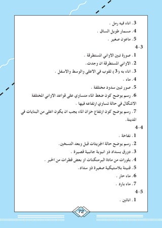 72
. ‫رمل‬ ‫فيه‬ ‫اناء‬ .3
. ‫الساق‬ ‫طويل‬ ‫مسمار‬ .4
. ‫صغير‬ ‫ماعون‬ .5
4-3
. ‫املستطرقة‬ ‫االواني‬ ‫تبني‬ ‫صورة‬ .1
.‫وجدت‬ ‫ان‬ ‫املستطرقة‬ ‫االواني‬ .2
. ‫واالسفل‬ ‫والوسط‬ ‫االعلى‬ ‫في‬ ‫ثقوب‬ )3( ‫به‬ ‫اناء‬ .3
. ‫ماء‬ .4
. ‫مختلفة‬ ‫سدود‬ ‫تبني‬ ‫صور‬ .5
‫املختلفة‬ ‫االواني‬ ‫قواعد‬ ‫على‬ ‫متساوي‬ ‫املاء‬ ‫ضغط‬ ‫كون‬ ‫يوضح‬ ‫رسم‬ .6
. ‫فيها‬ ‫ارتفاعه‬ ‫تساوي‬ ‫حالة‬ ‫في‬ ‫االشكال‬
‫في‬ ‫البنايات‬ ‫من‬ ‫اعلى‬ ‫يكون‬ ‫ان‬ ‫يجب‬ ‫املاء‬ ‫خزان‬ ‫ارتفاع‬ ‫كون‬ ‫يوضح‬ ‫رسم‬ .7
.‫املدينة‬
4-4
. ‫نفاخة‬ .1
.‫التسخني‬ ‫وبعد‬ ‫قبل‬ ‫اجلزيئات‬ ‫حالة‬ ‫يوضح‬ ‫رسم‬ .2
. ‫قصيرة‬ ‫جانبية‬ ‫انبوبة‬ ‫ذو‬ ‫بسداد‬ ‫دورق‬ .3
. ‫احلبر‬ ‫من‬ ‫قطرات‬ ‫بعض‬ ‫او‬ ‫البرمنكنات‬ ‫مادة‬ ‫من‬ ‫بلورات‬ .4
.‫سداد‬ ‫ذو‬ ‫صغيرة‬ ‫بالستيكية‬ ‫قنينة‬ .5
. ‫حار‬ ‫ماء‬ .6
. ‫بارد‬ ‫ماء‬ .7
4-5
. ‫انائني‬ .1
 