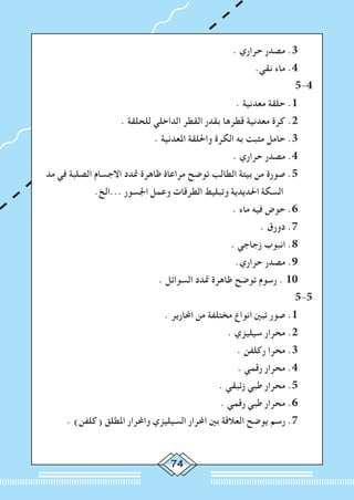 74
. ‫حراري‬ ‫مصدر‬ .3
.‫نقي‬ ‫ماء‬ .4
5-4
. ‫معدنية‬ ‫حلقة‬ .1
. ‫للحلقة‬ ‫الداخلي‬ ‫القطر‬ ‫بقدر‬ ‫قطرها‬ ‫معدنية‬ ‫كرة‬ .2
. ‫املعدنية‬ ‫واحللقة‬ ‫الكرة‬ ‫به‬ ‫مثبت‬ ‫حامل‬ .3
. ‫حراري‬ ‫مصدر‬ .4
‫مد‬ ‫في‬ ‫الصلبة‬ ‫االجسام‬ ‫متدد‬ ‫ظاهرة‬ ‫مراعاة‬ ‫توضح‬ ‫الطالب‬ ‫بيئة‬ ‫من‬ ‫صورة‬ .5
.‫...الخ‬ ‫اجلسور‬ ‫وعمل‬ ‫الطرقات‬ ‫وتبليط‬ ‫احلديدية‬ ‫السكة‬
. ‫ماء‬ ‫فيه‬ ‫حوض‬ .6
. ‫دورق‬ .7
. ‫زجاجي‬ ‫انبوب‬ .8
.‫حراري‬ ‫مصدر‬ .9
. ‫السوائل‬ ‫متدد‬ ‫ظاهرة‬ ‫توضح‬ ‫رسوم‬ . 10
5-5
. ‫احملارير‬ ‫من‬ ‫مختلفة‬ ‫انواع‬ ‫تبني‬ ‫صور‬ .1
. ‫سيليزي‬ ‫محرار‬ .2
. ‫ركلفن‬ ‫محرا‬ .3
. ‫رقمي‬ ‫محرار‬ .4
. ‫زئبقي‬ ‫طبي‬ ‫محرار‬ .5
. ‫رقمي‬ ‫طبي‬ ‫محرار‬ .6
. )‫(كلفن‬ ‫املطلق‬ ‫واحملرار‬ ‫السيليزي‬ ‫احملرار‬ ‫بني‬ ‫العالقة‬ ‫يوضح‬ ‫رسم‬ .7
 