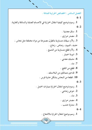 75
. ‫للمادة‬ ‫احلرارية‬ ‫اخلصائص‬ : ‫السادس‬ ‫الفصل‬
6-1
.‫والغازية‬ ‫والسائلة‬ ‫الصلبة‬ ‫االجسام‬ ‫في‬ ‫احلرارة‬ ‫انتقال‬ ‫كيفية‬ ‫توضح‬ ‫رسوم‬ .1
6-2
. ‫معدنية‬ ‫ساق‬ .1
. ‫حراري‬ ‫مصدر‬ .2
، ‫نحاس‬ ‫مثل‬ ‫مختلفة‬ ‫مواد‬ ‫من‬ ‫مصنوعة‬ ‫بالطول‬ ‫متساوية‬ ‫سيقان‬ )5( .3
. ‫زجاج‬ ، ‫رصاص‬ ، ‫املنيوم‬ ،‫حديد‬
. ‫الشمع‬ ‫من‬ ‫متساوية‬ ‫قطع‬ )5( .4
. ‫اختبار‬ ‫انوبة‬ .5
. ‫معدني‬ ‫مشبك‬ .6
. ‫ماء‬ .7
. ‫الثلج‬ ‫من‬ ‫قطع‬ .8
. ‫البالستك‬ ‫من‬ ‫متماثلني‬ ‫قدحني‬ .9
. ‫فرس‬ ‫حذوة‬ ‫بشكل‬ ‫النحاس‬ ‫من‬ ‫قطعة‬ .10
6-3
. ‫احلمل‬ ‫بتيارات‬ ‫احلرارة‬ ‫انتقال‬ ‫توضح‬ ‫رسوم‬ .1
. ‫زجاجي‬ ‫حوض‬ .2
. ‫ماء‬ .3
. ‫حراري‬ ‫مصدر‬ .4
. ‫خشب‬ ‫نشارة‬ .5
6-4
. ‫باالشعاع‬ ‫احلرارة‬ ‫انتقال‬ ‫يوضح‬ ‫رسم‬ .1
 