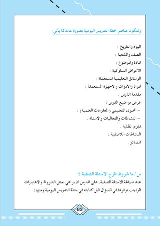 83
:‫يأتي‬ ‫مما‬ ‫عامة‬ ‫بصورة‬ ‫اليومية‬ ‫التدريس‬ ‫خطة‬ ‫عناصر‬ ‫وتتكون‬
: ‫والتاريخ‬ ‫اليوم‬
: ‫والشعبة‬ ‫الصف‬
: ‫واملوضوع‬ ‫املادة‬
: ‫السلوكية‬ ‫االغراض‬
: ‫املستعملة‬ ‫التعليمية‬ ‫الوسائل‬
: ‫املستعملة‬ ‫واالجهزة‬ ‫واالدوات‬ ‫املواد‬
: ‫الدرس‬ ‫مقدمة‬
: ‫الدرس‬ ‫مواضيع‬ ‫عرض‬
: )‫العلمية‬ ‫(املعلومات‬ ‫التعليمي‬ ‫احملتوى‬ -
: ‫واالسئلة‬ ‫والفعاليات‬ ‫النشاطات‬ -
: ‫الطلبة‬ ‫تقومي‬
: ‫الالصفية‬ ‫النشاطات‬
: ‫املصادر‬
‫؟‬ ‫الصفية‬ ‫االسئلة‬ ‫طرح‬ ‫شروط‬ ‫س/ما‬
‫واالعتبارات‬ ‫الشروط‬ ‫بعض‬ ‫يراعي‬ ‫ان‬ ‫املدرس‬ ‫على‬ ،‫الصفية‬ ‫االسئلة‬ ‫صياغة‬ ‫عند‬
:‫ومنها‬ ‫اليومية‬ ‫التدريس‬ ‫خطة‬ ‫في‬ ‫كتابته‬ ‫قبل‬ ‫السؤال‬ ‫في‬ ‫توفرها‬ ‫الواجب‬
 