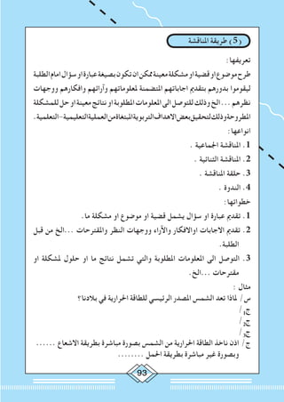 93
‫املناقشة‬ ‫طريقة‬ )5(
:‫تعريفها‬
‫الطلبة‬‫امام‬‫سؤال‬‫او‬‫عبارة‬‫بصيغة‬‫تكون‬‫ان‬‫ممكن‬‫معينة‬‫مشكلة‬‫او‬‫قضية‬‫او‬‫موضوع‬‫طرح‬
‫ووجهات‬ ‫وافكارهم‬ ‫وآرائهم‬ ‫ملعلوماتهم‬ ‫املتضمنة‬ ‫اجاباتهم‬ ‫بتقدمي‬ ‫بدورهم‬ ‫ليقوموا‬
‫للمشكلة‬‫حل‬‫او‬‫معينة‬‫نتائج‬‫او‬‫املطلوبة‬‫املعلومات‬‫الى‬‫للتوصل‬‫وذلك‬‫الخ‬...‫نظرهم‬
.‫التعلمية‬-‫التعليمية‬‫العملية‬‫من‬‫املبتغاة‬‫التربوية‬‫االهداف‬‫بعض‬‫لتحقيق‬‫وذلك‬‫املطروحة‬
:‫انواعها‬
. ‫اجلماعية‬ ‫املناقشة‬ .1
. ‫الثنائية‬ ‫املناقشة‬ .2
. ‫املناقشة‬ ‫حلقة‬ .3
. ‫الندوة‬ .4
:‫خطواتها‬
.‫ما‬ ‫مشكلة‬ ‫او‬ ‫موضوع‬ ‫او‬ ‫قضية‬ ‫يشمل‬ ‫سؤال‬ ‫او‬ ‫عبارة‬ ‫تقدمي‬ .1
‫قبل‬ ‫من‬ ‫...الخ‬ ‫واملقترحات‬ ‫النظر‬ ‫ووجهات‬ ‫واآلراء‬ ‫اواالفكار‬ ‫االجابات‬ ‫تقدمي‬ .2
.‫الطلبة‬
‫او‬ ‫ملشكلة‬ ‫حلول‬ ‫او‬ ‫ما‬ ‫نتائج‬ ‫تشمل‬ ‫والتي‬ ‫املطلوبة‬ ‫املعلومات‬ ‫الى‬ ‫التوصل‬ .3
.‫...الخ‬ ‫مقترحات‬
: ‫مثال‬
‫بالدنا؟‬ ‫في‬ ‫احلرارية‬ ‫للطاقة‬ ‫الرئيسي‬ ‫املصدر‬ ‫الشمس‬ ‫تعد‬ ‫ملاذا‬ /‫س‬
/1
‫ج‬
/2
‫ج‬
/3
‫ج‬
...... ‫االشعاع‬ ‫بطريقة‬ ‫مباشرة‬ ‫بصورة‬ ‫الشمس‬ ‫من‬ ‫احلرارية‬ ‫الطاقة‬ ‫ناخذ‬ ‫اذن‬ /‫ج‬
........ ‫احلمل‬ ‫بطريقة‬ ‫مباشرة‬ ‫غير‬ ‫وبصورة‬
 