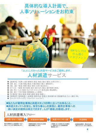 具体的な導入計画で、
人事ソリューションをお約束
「人」にこだわった派遣サービスをご提供します。
人材派遣サービス
● 【倉庫内】 「伝発/入庫/棚補充/調品/検品/値付/梱包/出荷ﾘﾌﾄｵﾍﾟ」
● 【運 送】 「引越/移転・搬送/什器の搬出・搬入/運転助手」
● 【製 造】 「製造/検査/検品/梱包/出荷/食品加工」
● 【ｲﾍﾞﾝﾄ】 「設営/椅子配置/受付/着ぐるみ/撤去/場外整理/誘導」
● 【販 売】 「レジ/販促/ｻﾝﾌﾟﾘﾝｸﾞ/ﾎﾟｽﾃｨﾝｸﾞ/販売支援/商品陳列」
● 【飲 食】 「フロア補助/調理補助/レジ業務」
● 【工場内】 「食品（製造・検査）雑貨（製造・検査）」
● 【事務所】 「営業事務/一般事務/資料作成/受発注/請求書作成・見積書作成・ｱﾝｹｰﾄ集計）等」
● 【テレマーケティング】 「ｱｳﾄﾊﾞｳﾝﾄﾞ/ｲﾝﾊﾞｳﾝﾄﾞ」
私たちが雇用企業様と派遣スタッフの間に立って出来ること。
派遣スタッフへの安心、安全な暮らしの実現と、雇用企業様への
高い満足の提供は両立できます。人が「価値」を創造します。
人材派遣導入フロー
お問い合せ・ご相談 派遣契約の締結 派遣スタッフの人選 派遣開始
様々な角度から人材派遣サービス
導入についてのご提案を致します。
労働者派遣法に定められた派遣
契約を締結いたします。
ご依頼に沿った派遣スタッフを選出
し、派遣スタッフには派遣教育を
実施致します。
派遣契約期間中、専任担当者
（ME）がフォローさせて頂きます。
4
 
