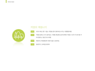 아이디어	정리
걱정의	계절나기
컨셉 어디서	해소	할	수	없는	걱정을	혼자	말해	해소시키는	식물힐링어플	
걱정을	말하고	다시	들어보는	기회를	제공함으로써	현재의	걱정은	시간이	지나면	별	거	
아니였다는	것을	인식시켜줌	
학업이나	취업때문에	걱정이	많은	1020여성.	
음성인식,	모바일모션센서	
목적
타겟
기술
 