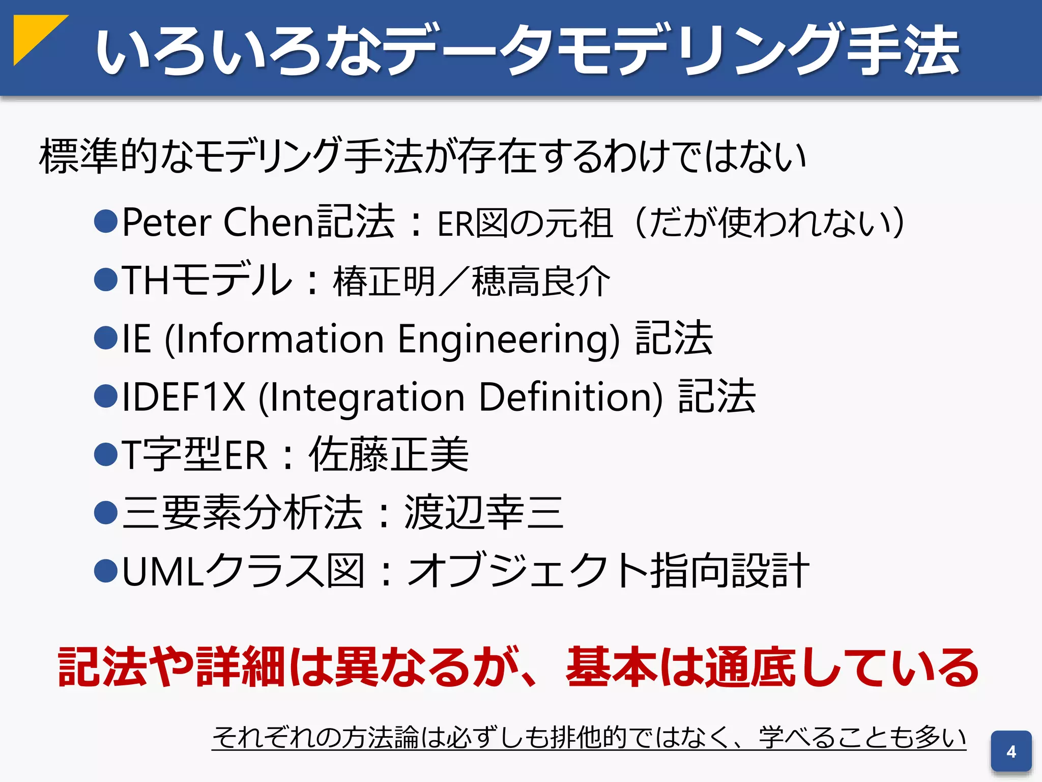 いろいろなデータモデリング手法
標準的なモデリング手法が存在するわけではない
Peter Chen記法：ER図の元祖（だが使われない）
THモデル：椿正明／穂高良介
IE (Information Engineering) 記法
IDEF1X (Integration Definition) 記法
T字型ER：佐藤正美
三要素分析法：渡辺幸三
UMLクラス図：オブジェクト指向設計
4
記法や詳細は異なるが、基本は通底している
それぞれの方法論は必ずしも排他的ではなく、学べることも多い
 