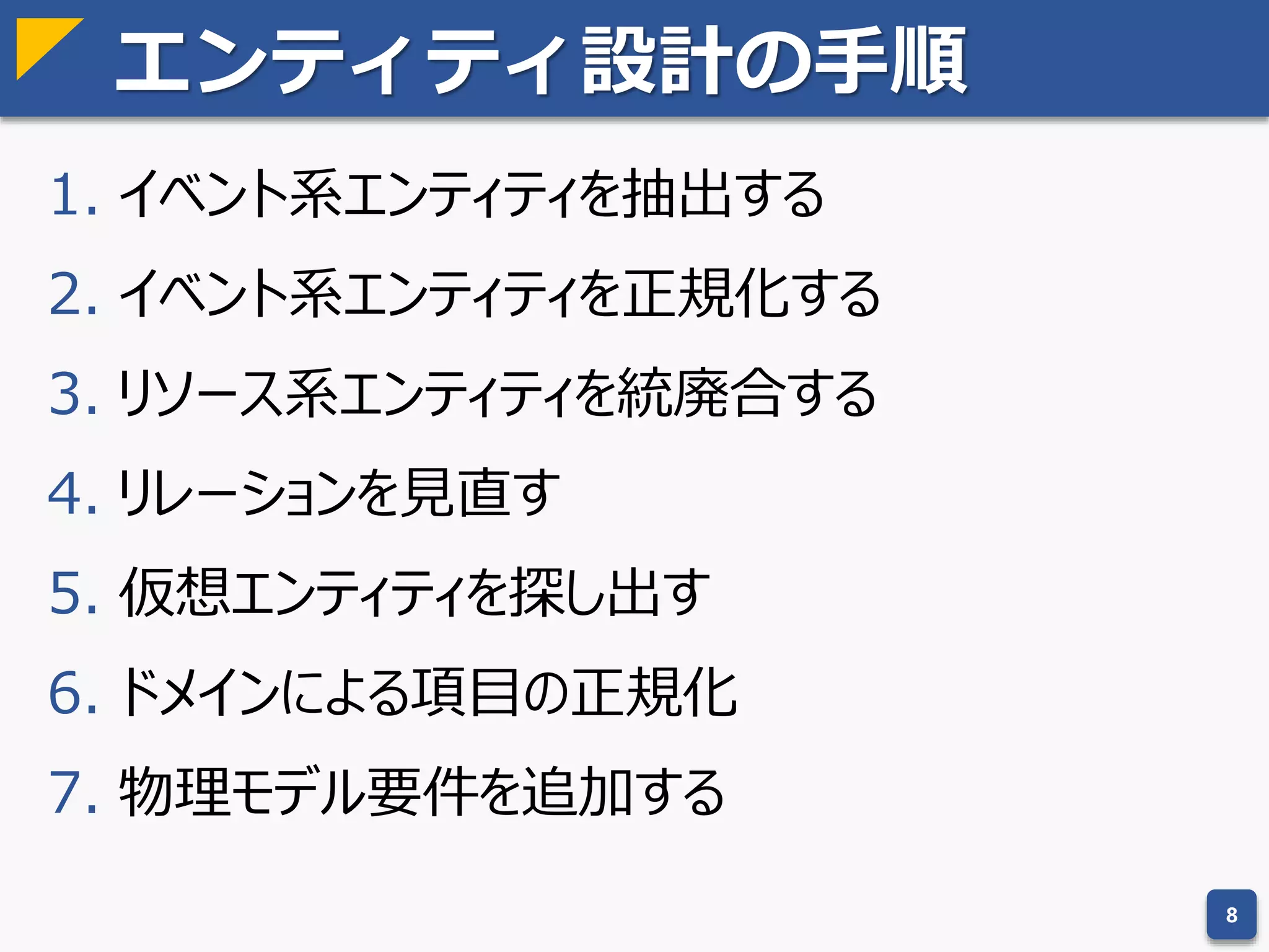 論理／物理の住み分け
論理モデルと物理モデルは違うものではあるが……
フェイズが進むにつれて、論理と物理のふたつの設計書
の整合性をとるのはどんどん困難に
メンテするER図は概念レベルにとどめて、
論理/物理モデルはエンティティ定義書で管理
エンティティ数が増えると、ER図も大きくなりすぎて
一覧性が低くなる
実装が進むと、物理モデルの方が重要になってくる
8
論理ER図は設計用と割り切る
 