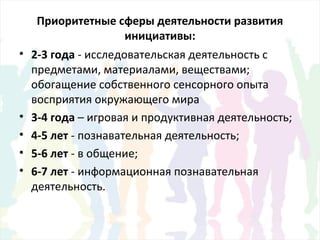 Приоритетные сферы деятельности развития
инициативы:
• 2-3 года - исследовательская деятельность с
предметами, материалами, веществами;
обогащение собственного сенсорного опыта
восприятия окружающего мира
• 3-4 года – игровая и продуктивная деятельность;
• 4-5 лет - познавательная деятельность;
• 5-6 лет - в общение;
• 6-7 лет - информационная познавательная
деятельность.
 
