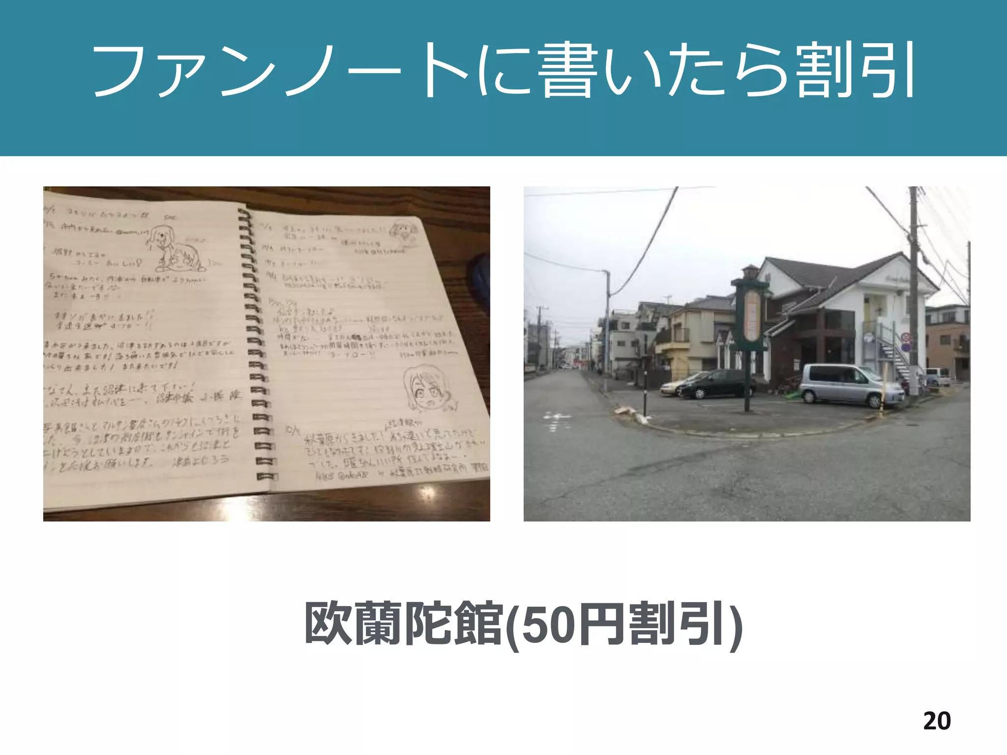 ファンノートに書いたら割引
20
欧蘭陀館(50円割引)
 