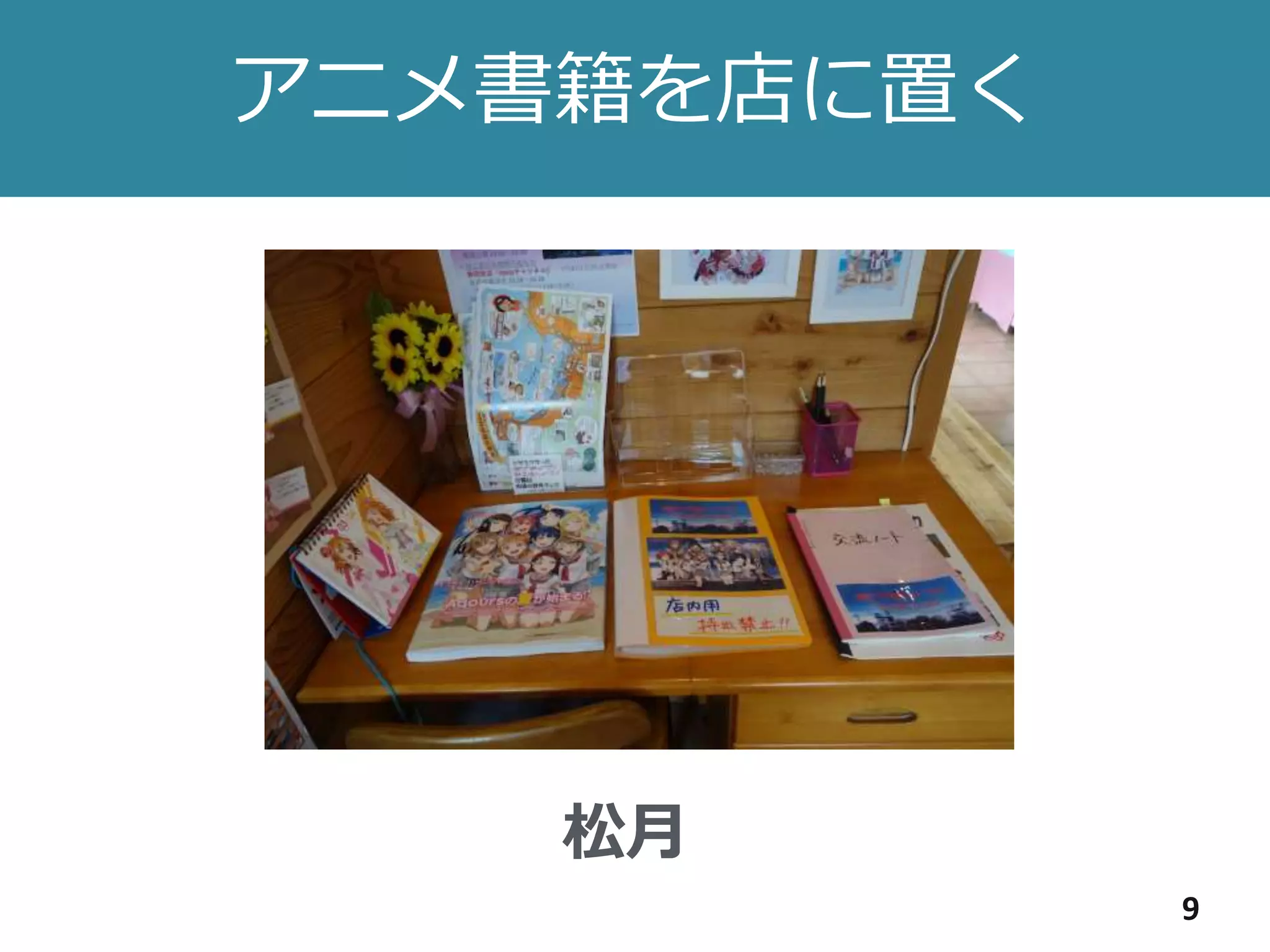 アニメ書籍を店に置く
9
松月
 