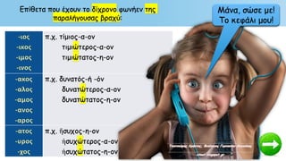 π.χ. τίμιος-α-ον
τιμιώτερος-α-ον
τιμιώτατος-η-ον
π.χ. δυνατός-ή -όν
δυνατώτερος-α-ον
δυνατώτατος-η-ον
π.χ. ἥσυχος-η-ον
ἡσυχώτερος-α-ον
ἡσυχώτατος-η-ον
Επίθετα που έχουν το δίχρονο φωνήεν της
παραλήγουσας βραχύ:
Μάνα, σώσε με!
Το κεφάλι μου!
 