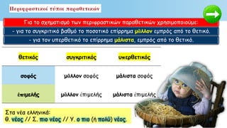 Για το σχηματισμό των περιφραστικών παραθετικών χρησιμοποιούμε:
- για το συγκριτικό βαθμό το ποσοτικό επίρρημα μᾶλλον εμπρός από το θετικό.
- για τον υπερθετικό το επίρρημα μάλιστα, εμπρός από το θετικό.
θετικός συγκριτικός υπερθετικός
σοφός μᾶλλον σοφός μάλιστα σοφός
ἐπιμελής μᾶλλον ἐπιμελής μάλιστα ἐπιμελής
Στα νέα ελληνικά:
θ. νέος // Σ. πιο νέος // Υ. ο πιο (ή πολύ) νέος.
 